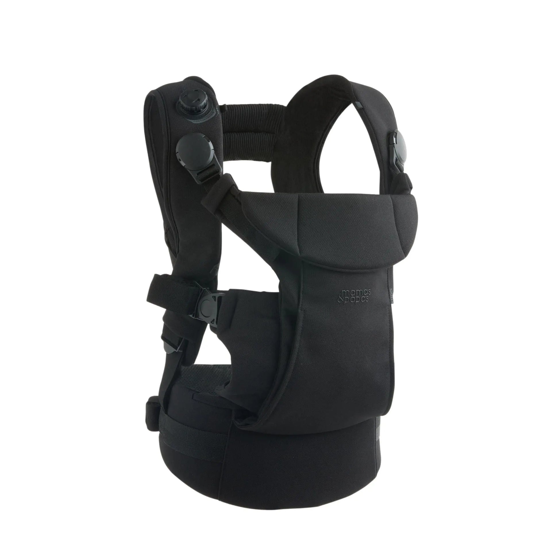 Mamas & Papas Kudo Baby Carrier Black — front view showing Posture Align dial and structured carrier