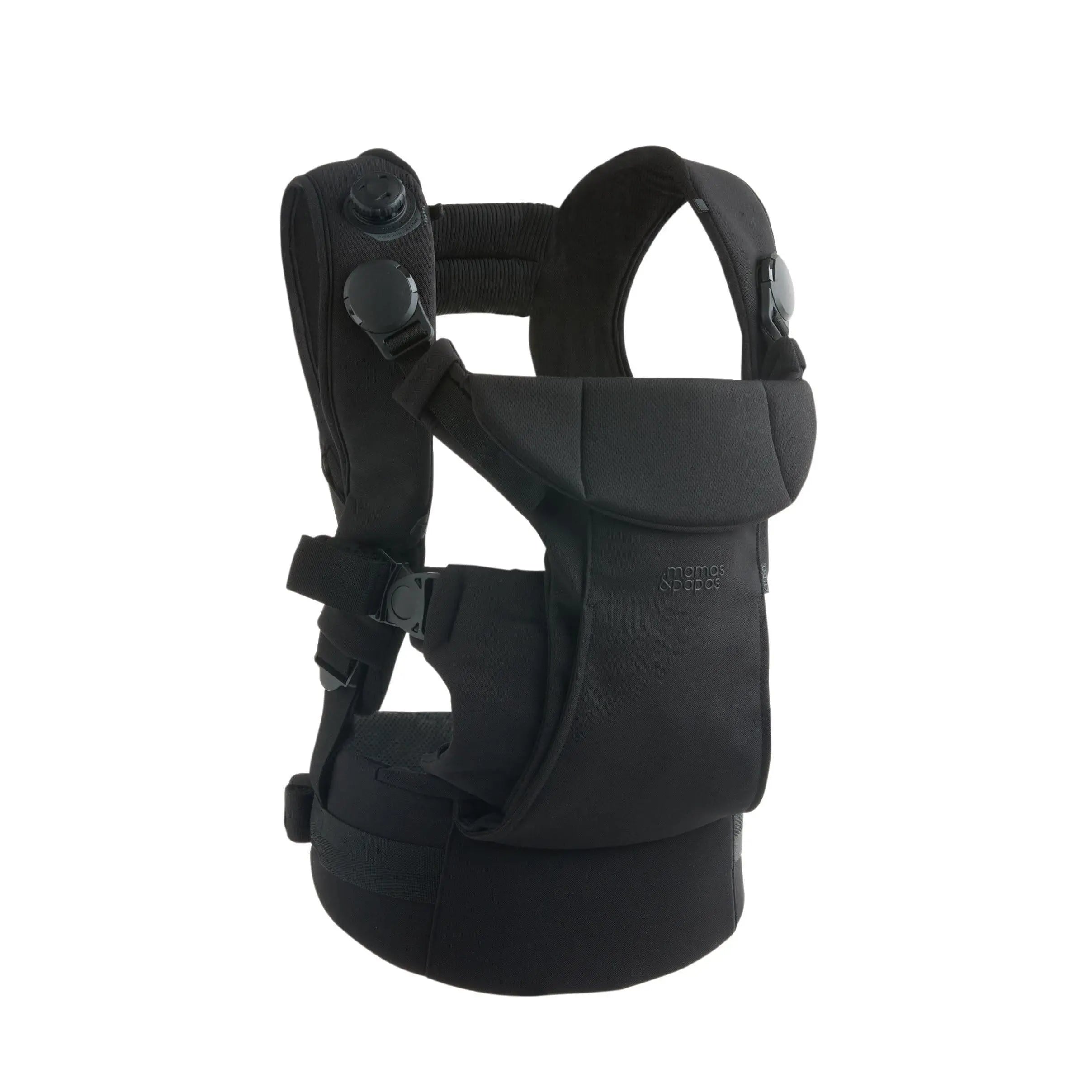 Mamas & Papas Kudo Baby Carrier Black — front view showing Posture Align dial and structured carrier