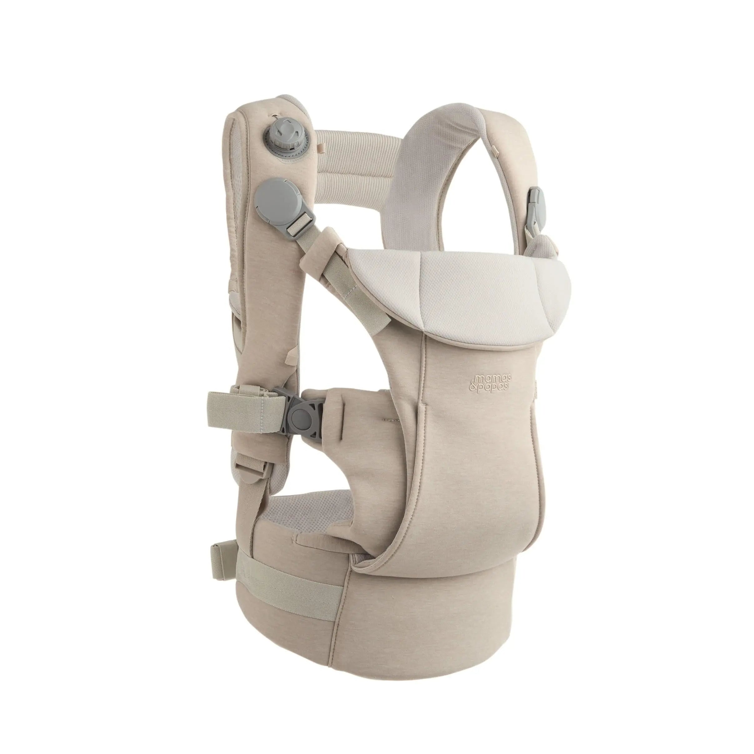 Mamas & Papas Kudo Baby Carrier Cashmere — front view showing Posture Align dial and structured carrier
