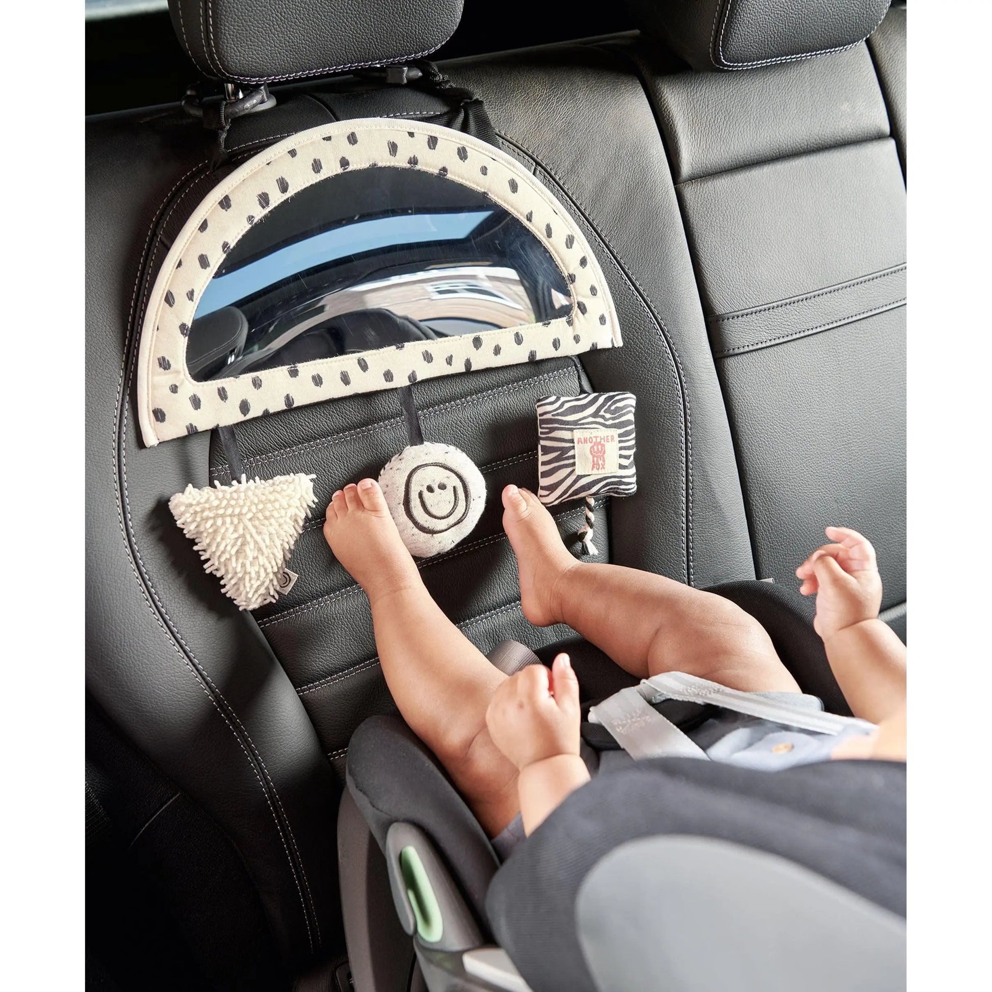 Mamas & Papas Another Fox Car Seat Toy hero — high contrast monochrome sensory toy, 0+ months
