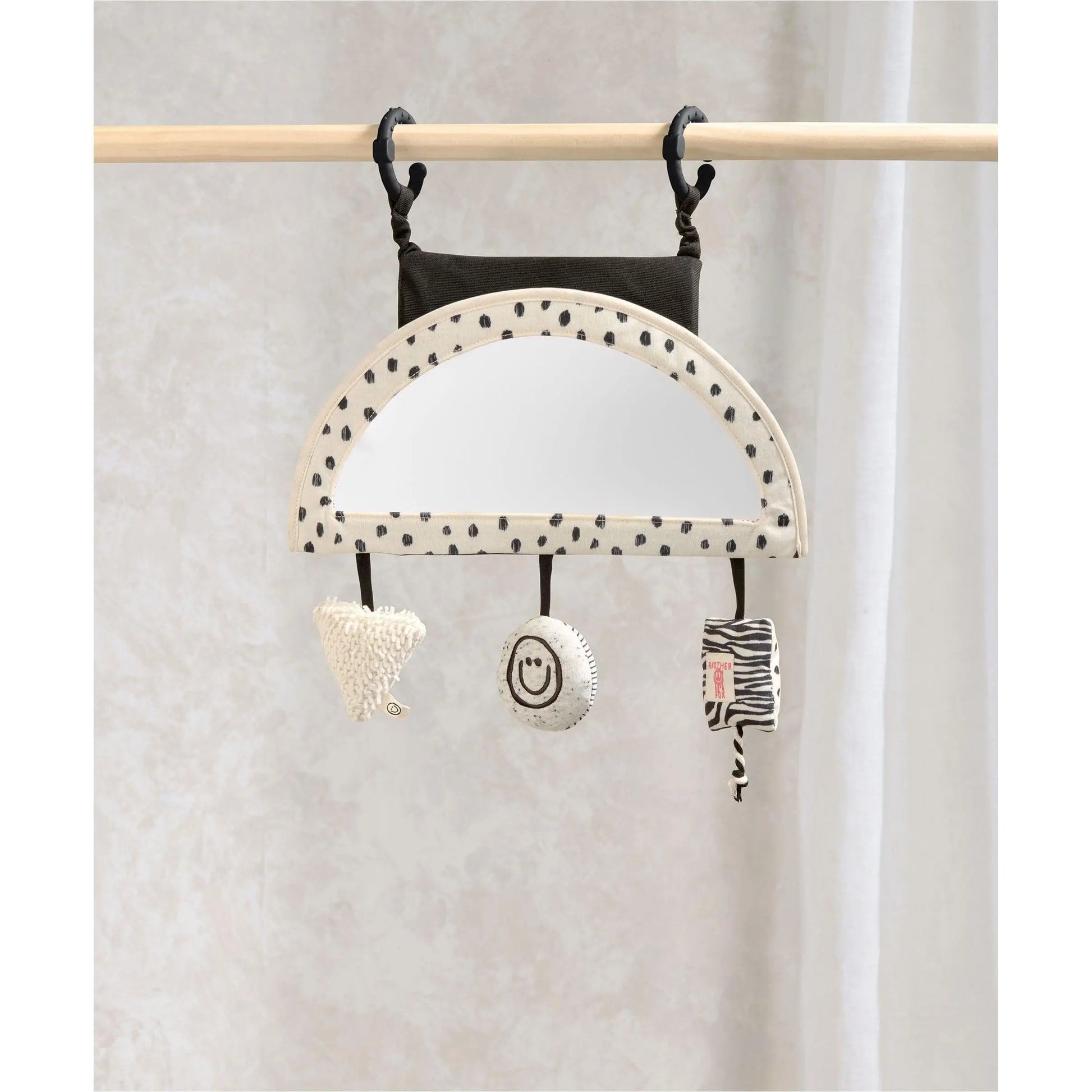 Mamas & Papas x Another Fox Car Seat Toy — baby-safe mirror with B&W animal print detail