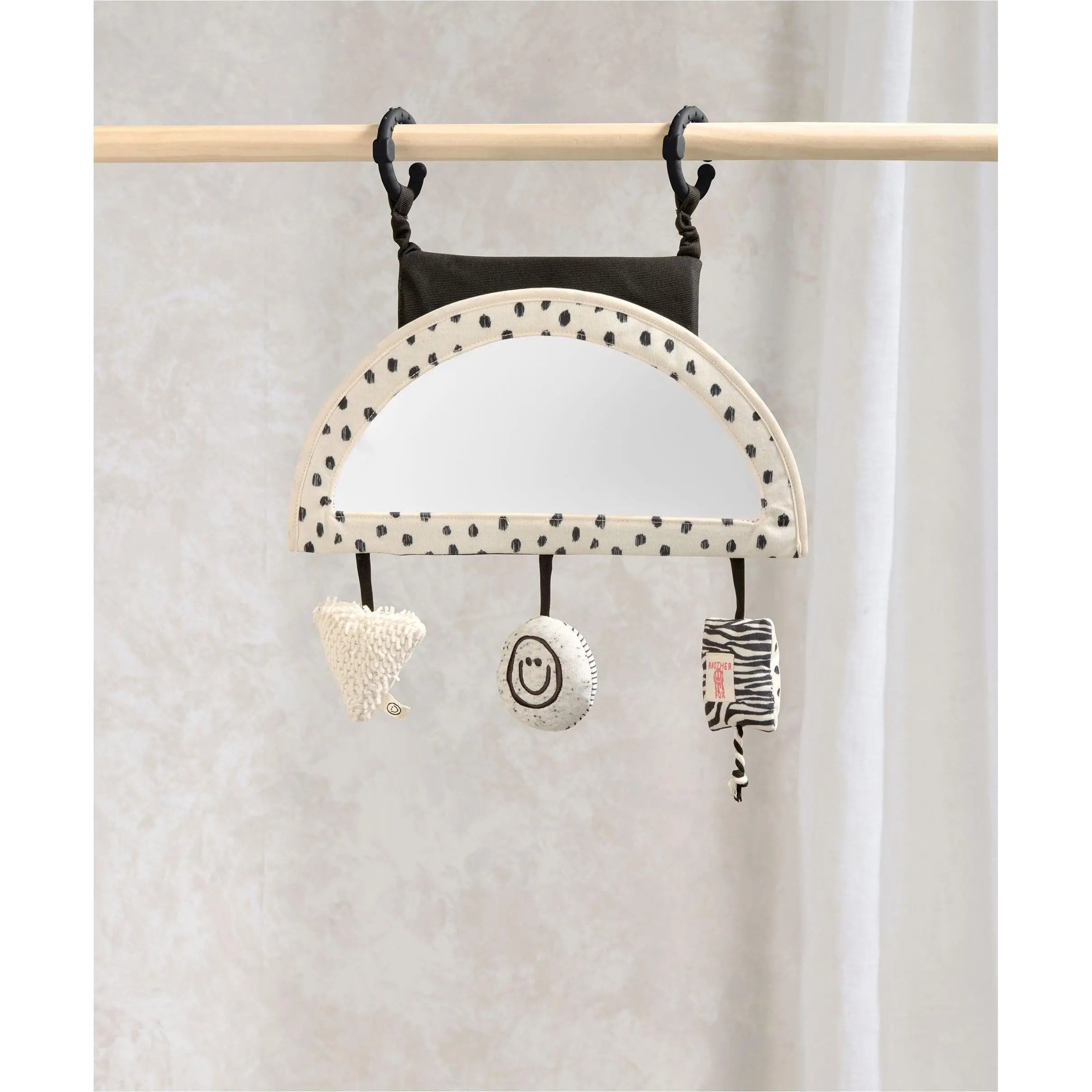 Mamas & Papas x Another Fox Car Seat Toy — baby-safe mirror with B&W animal print detail