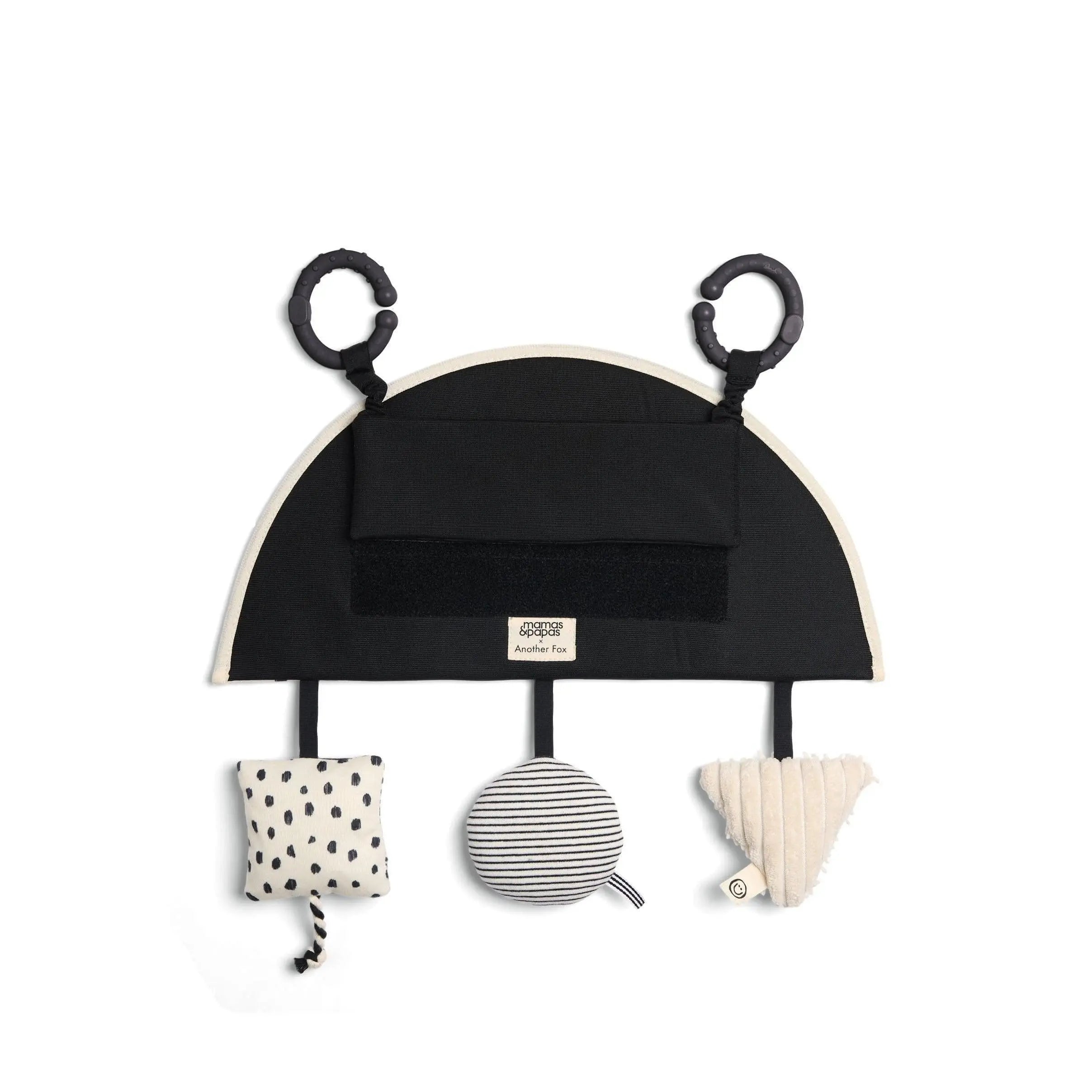 Mamas & Papas x Another Fox Car Seat Toy — bold B&W prints with baby mirror and 3 hanging toys