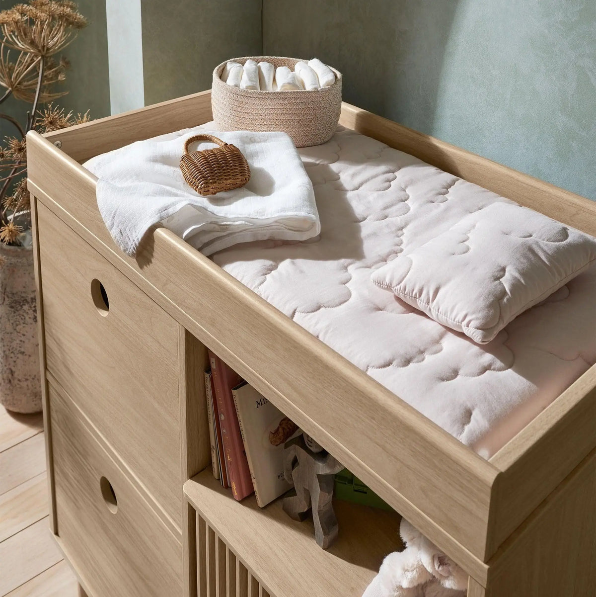 Oska narrow dresser changer oak open shelving detail