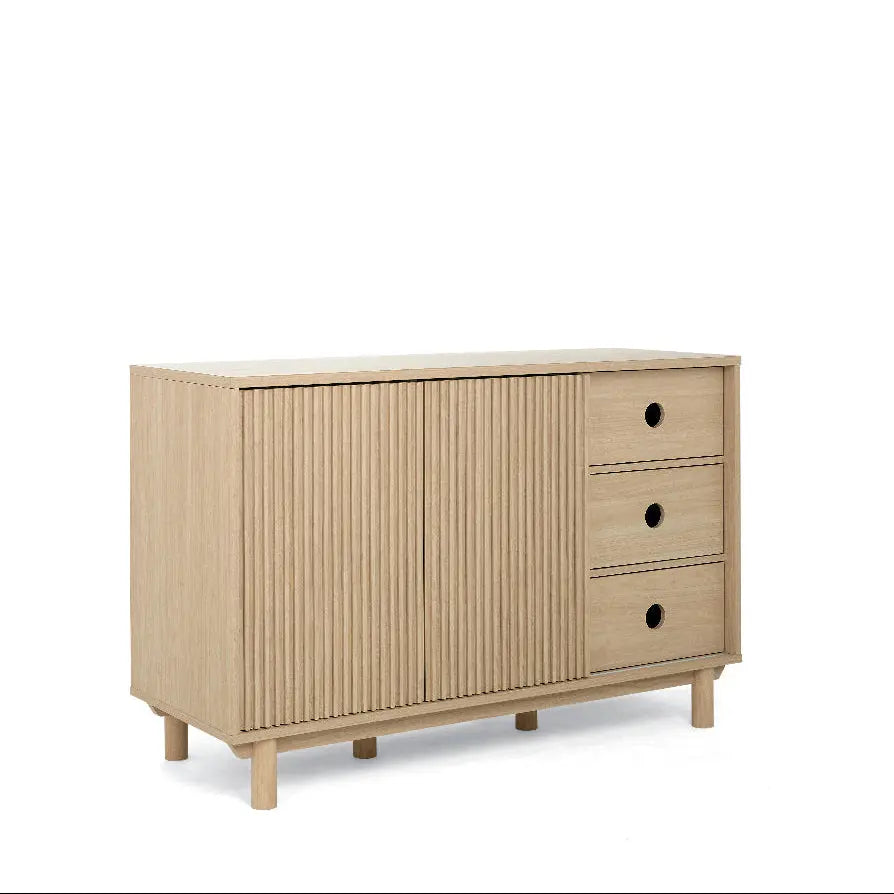 Oska wide dresser changer oak with sliding door open showing hanging rail