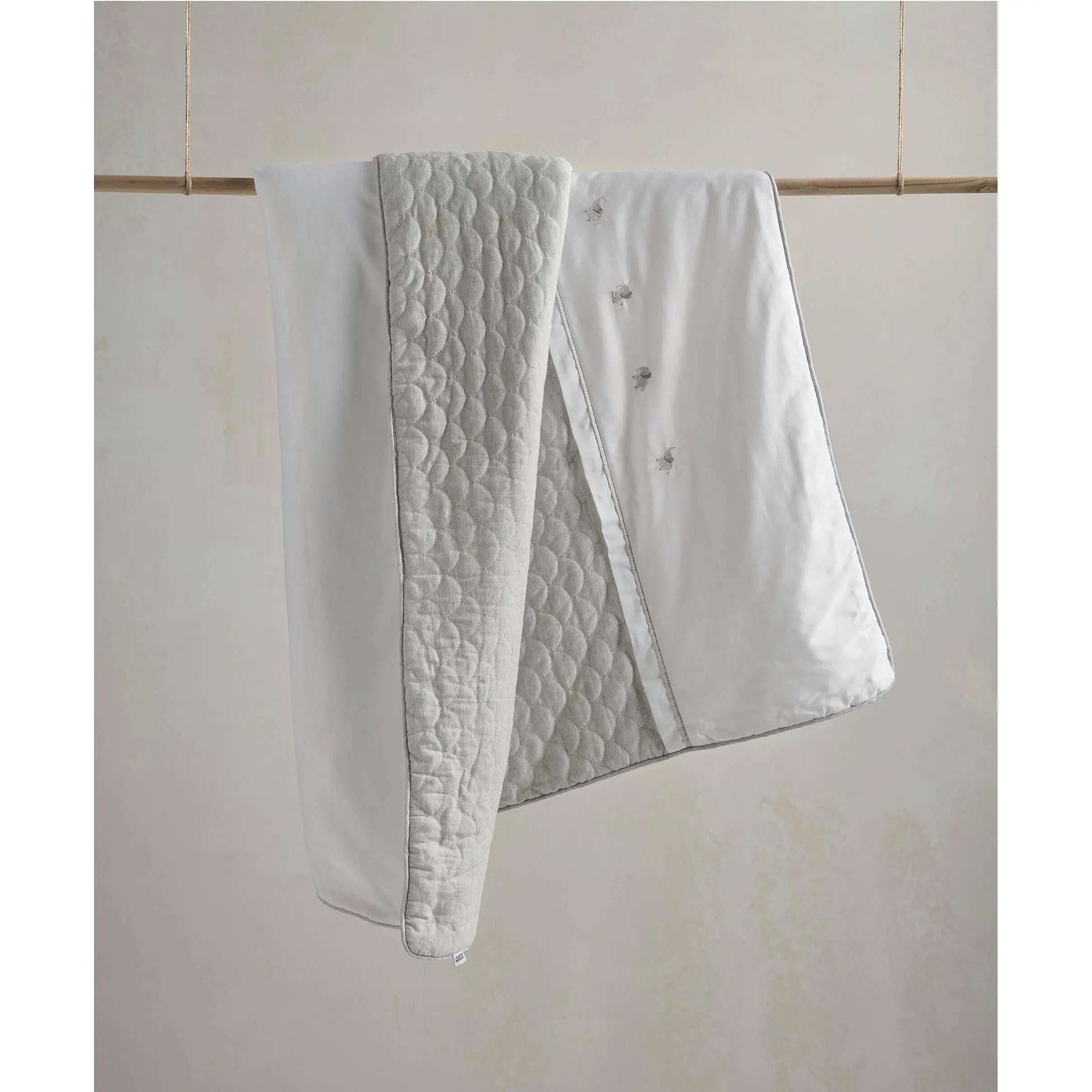 Mamas & Papas Elephant Quilt styled in nursery — 4.0 Tog cotbed quilt, BSEN 16779-1 certified