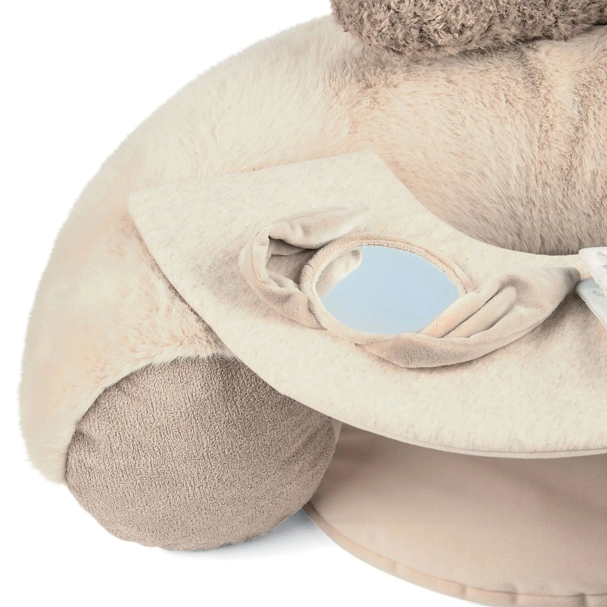 Mamas & Papas Sit & Play floor seat in Welcome to the World Millie & Boris, close-up of the play tray with mirror and fabric book