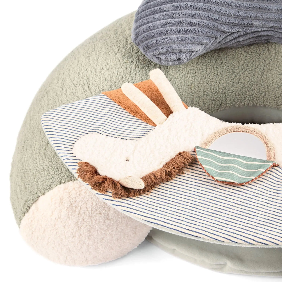 Mamas & Papas Sit & Play floor seat in Welcome to the World Pony Express, close-up of the play tray with mirror and pony toy