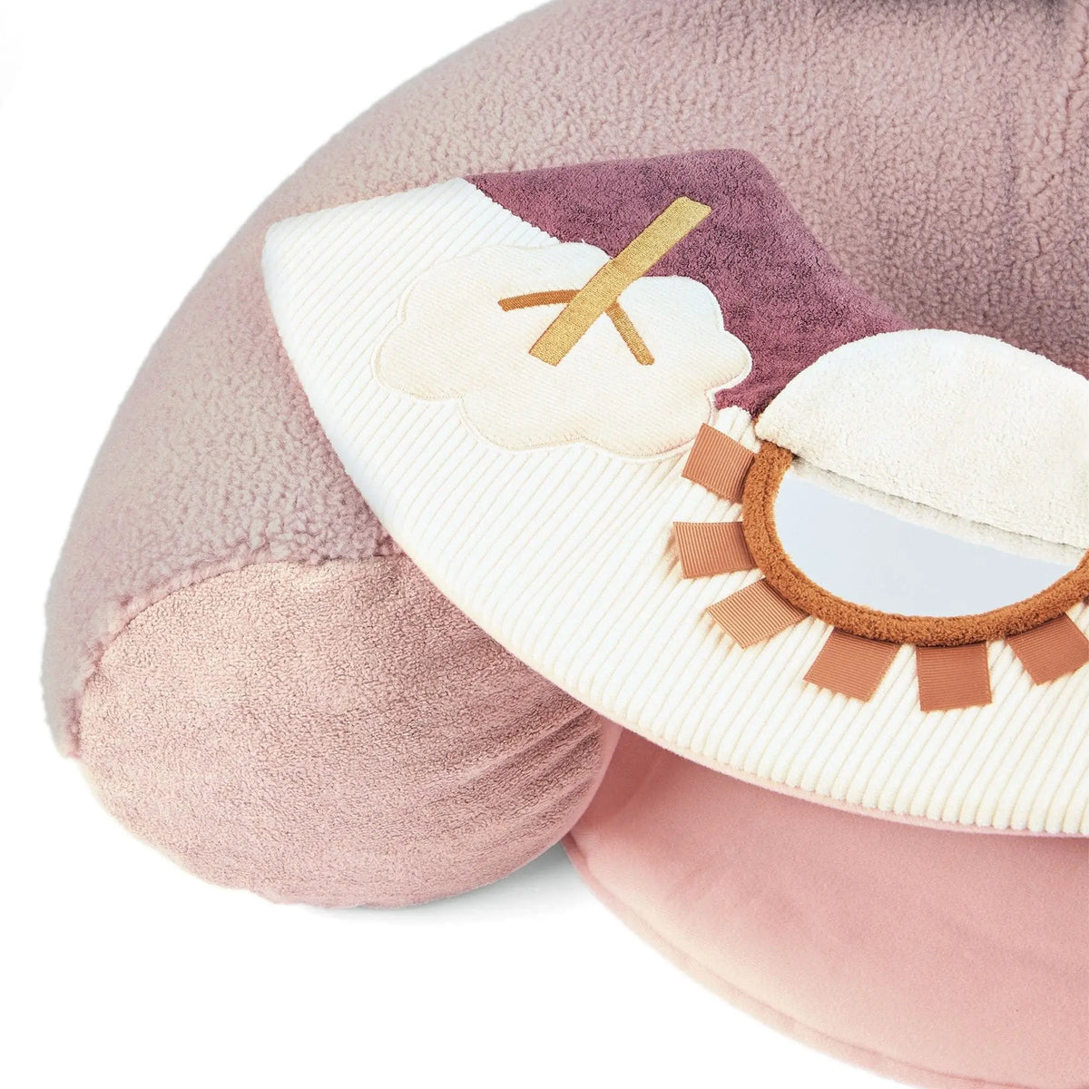 Mamas & Papas Sit & Play floor seat in Welcome to the World Floral, close-up of the play tray with sun mirror