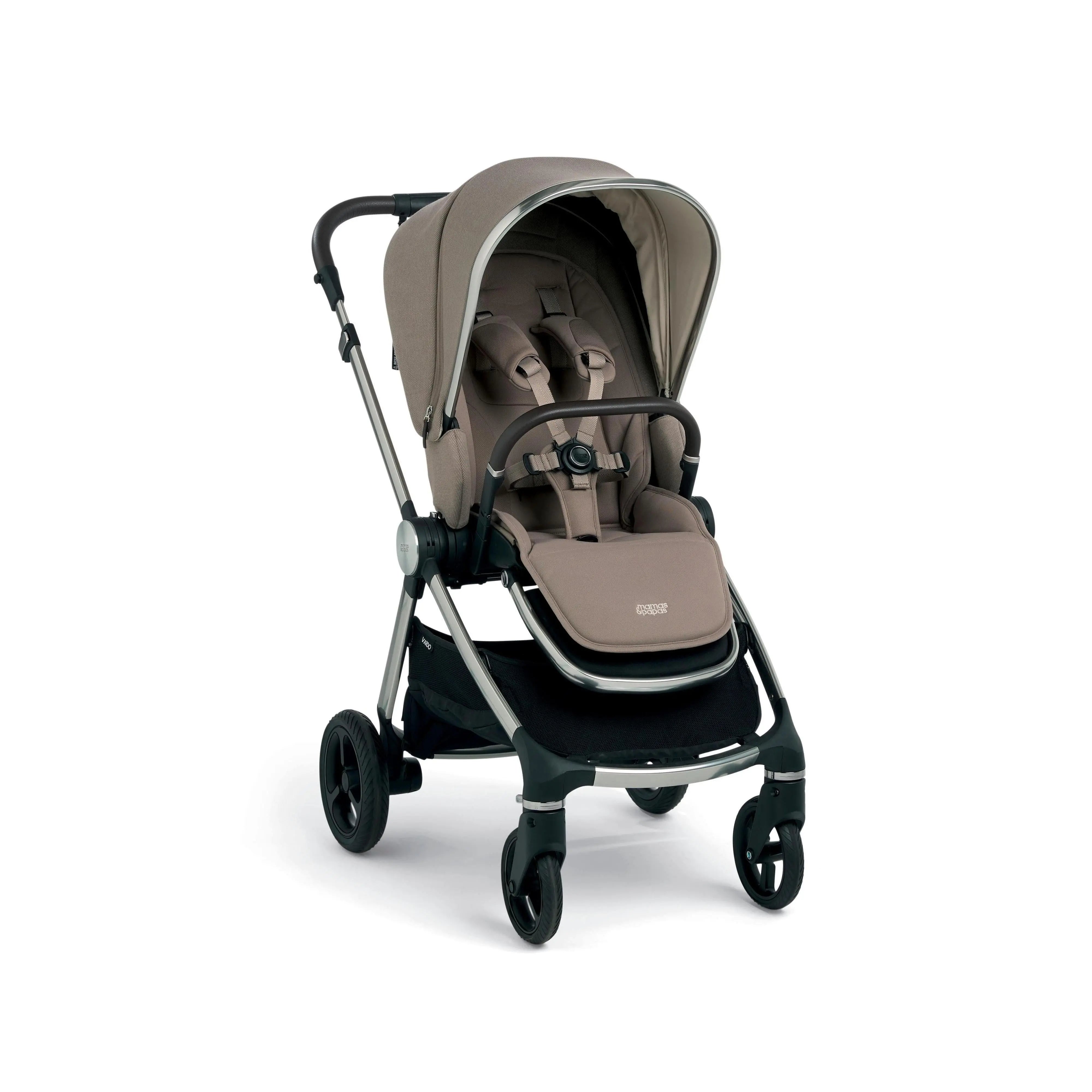 Mamas & Papas Vardo Pram Seat & Frame in Heritage – lightweight pushchair in oatmeal twill with chestnut leatherette