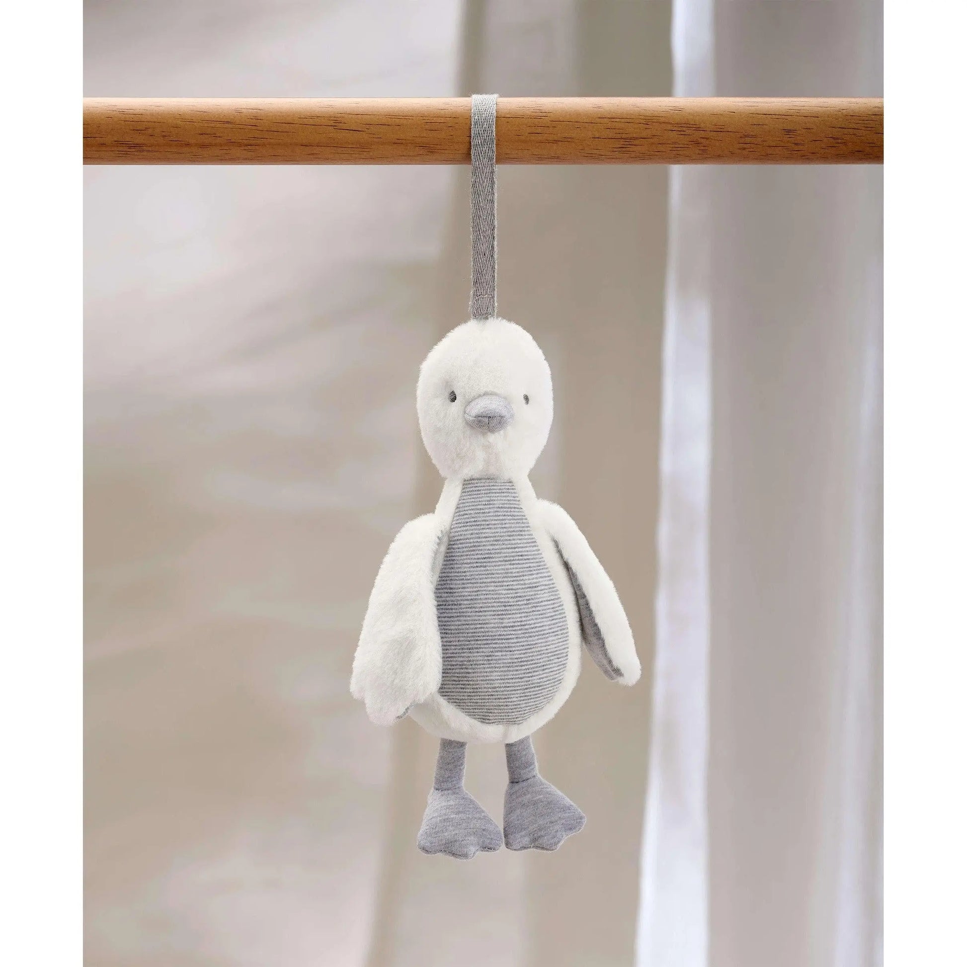 Mamas & Papas WTTW Grey Chime Duck — soft pram travel toy with ribbon clip, suitable from birth