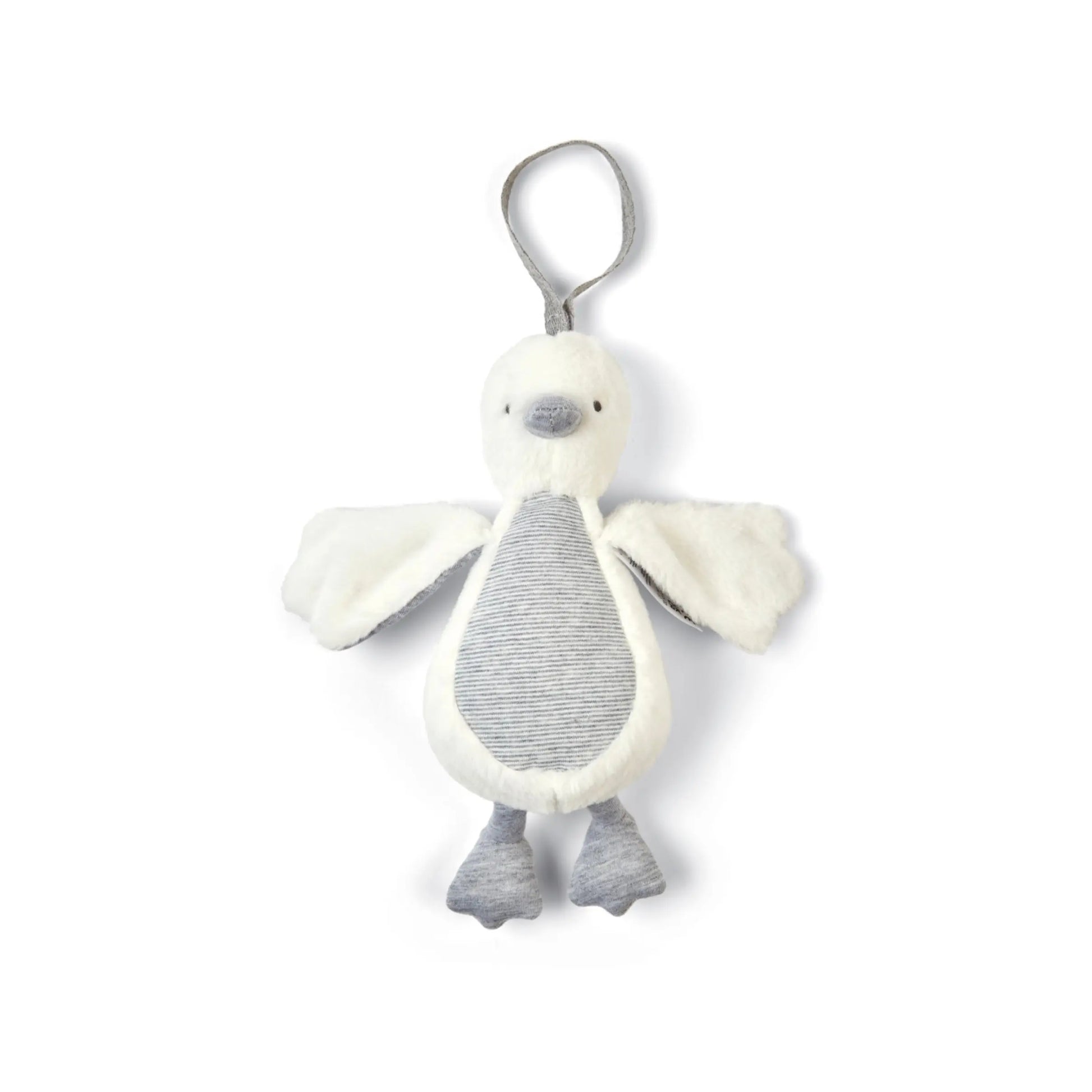Mamas & Papas WTTW Chime Duck Travel Toy Grey — soft fabric duck with hidden chime bell, pram clip