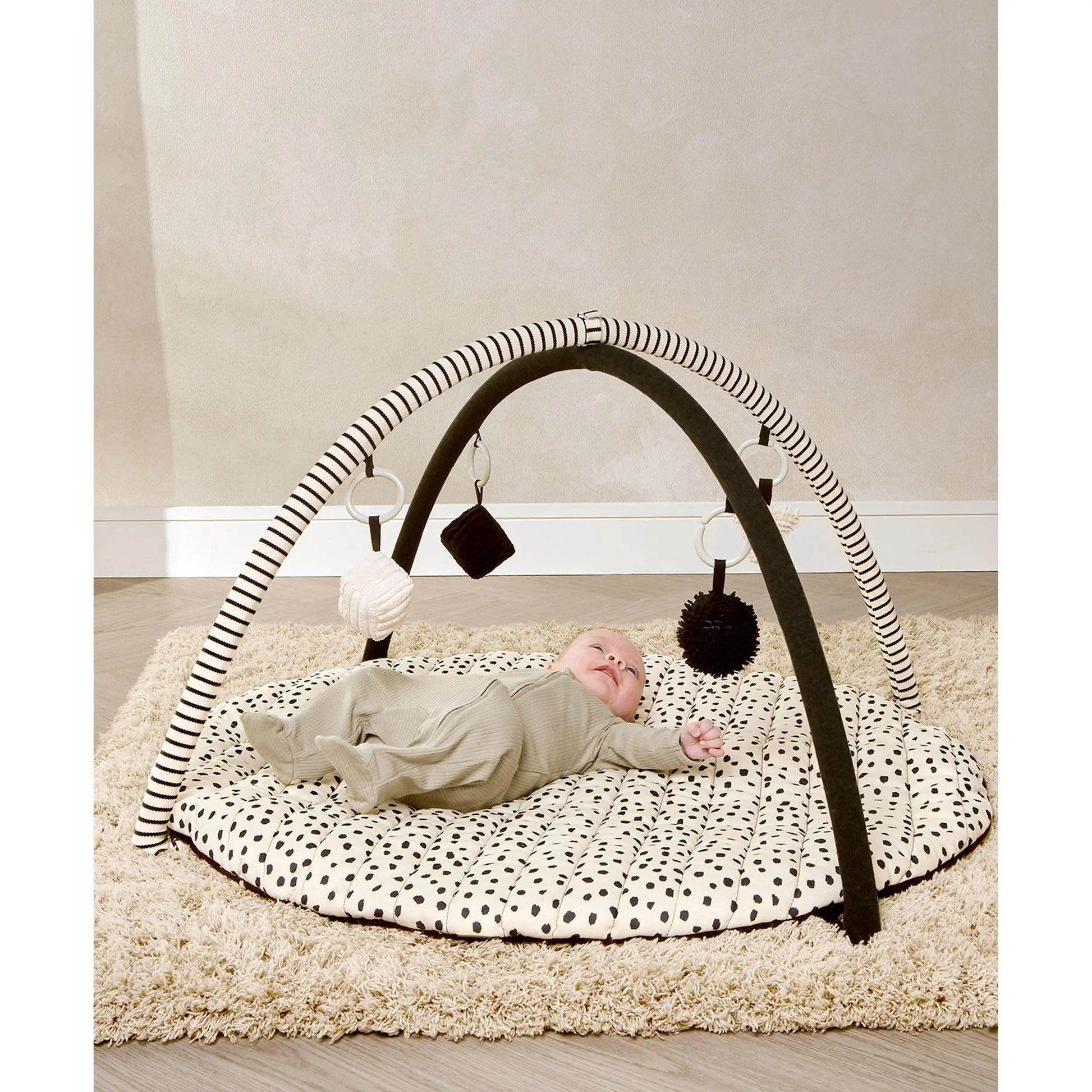 Mamas & Papas x Another Fox Playmat — high contrast B&W sensory playmat with 4 hanging toys, newborn