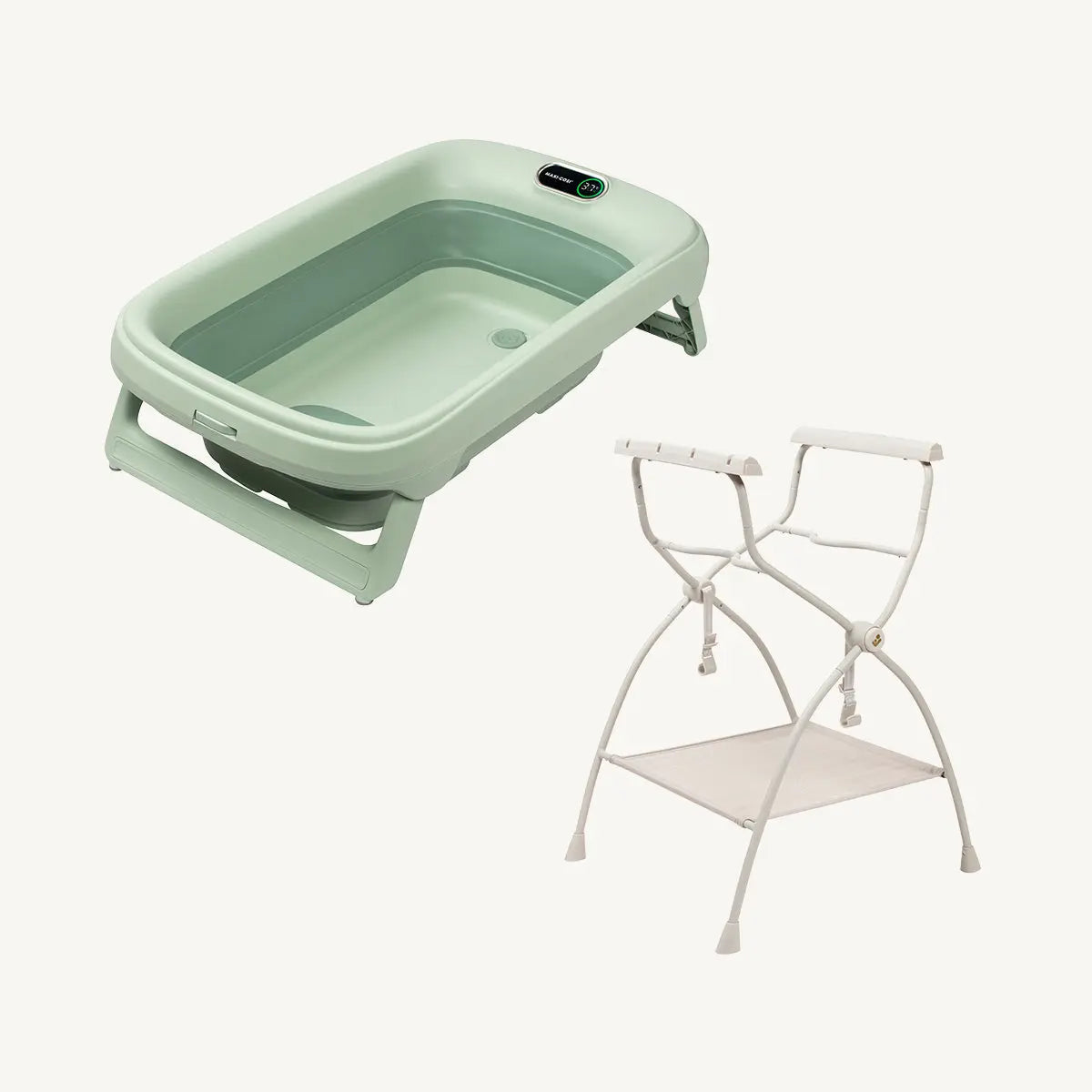 Maxi Cosi Indigo Plus bath in Sage Green on the Indigo Bath Stand