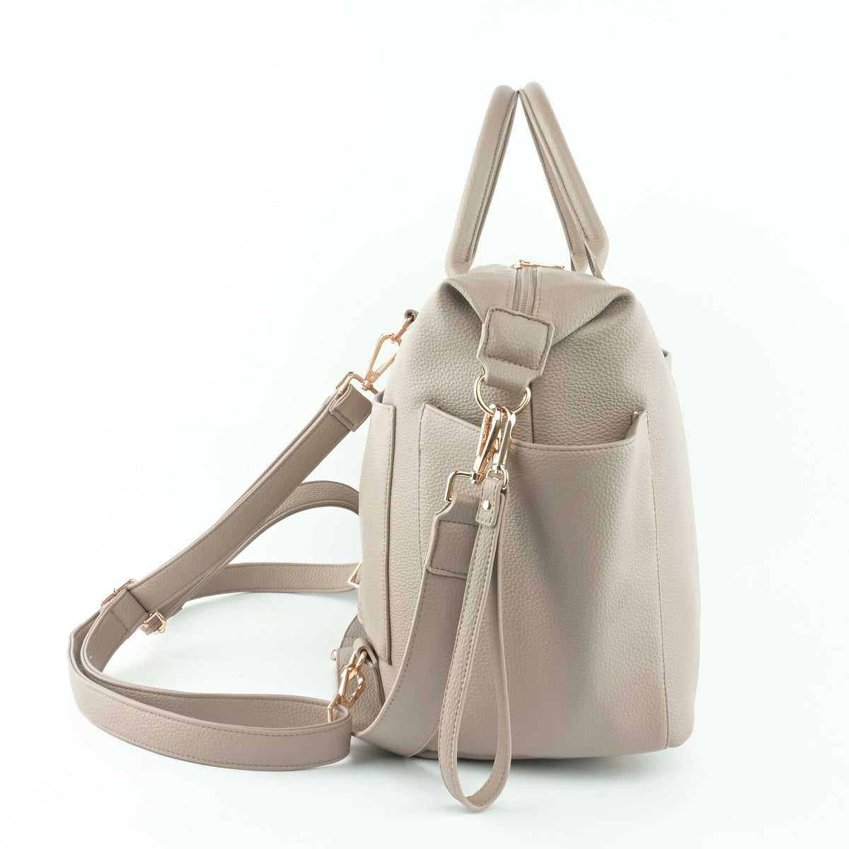 Coco Mae Como tote side view with backpack straps, Taupe