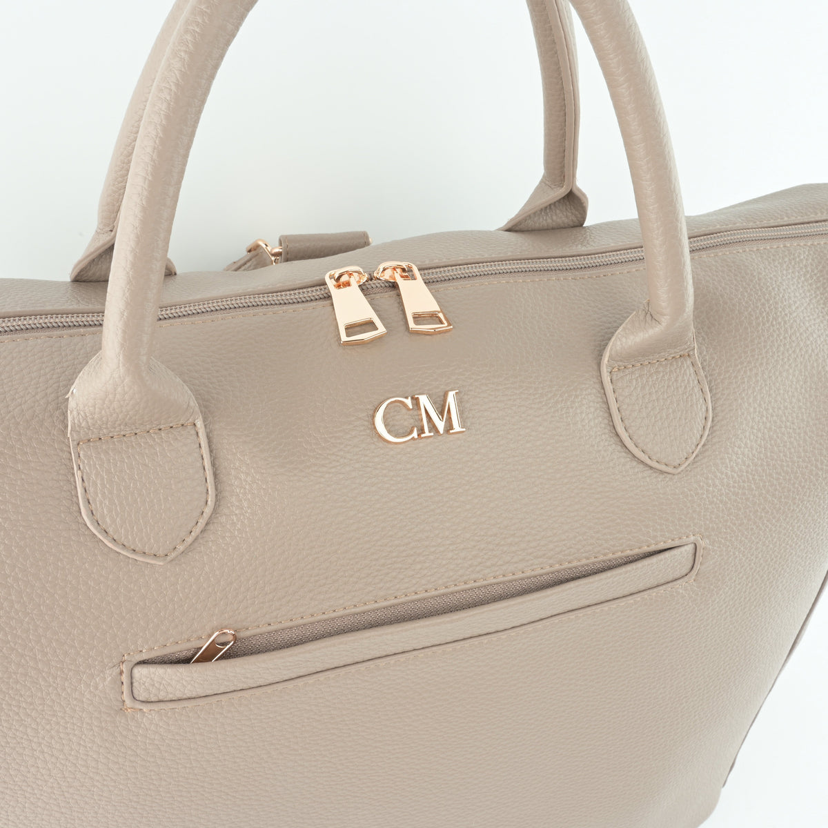 Coco Mae Como tote CM hardware close-up, Taupe