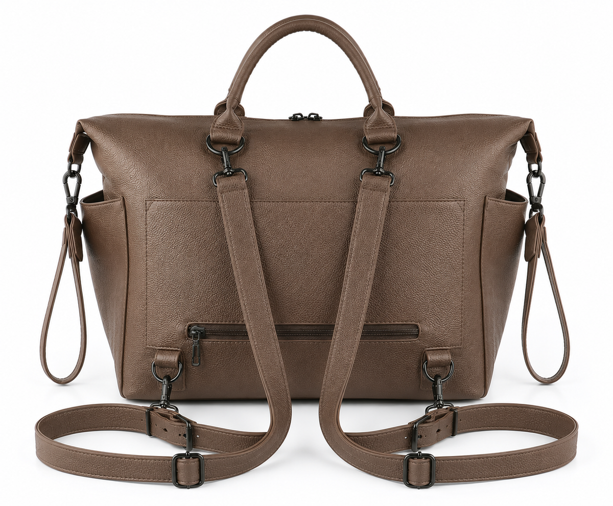 Coco Mae Como tote worn as a backpack, Coco Brown