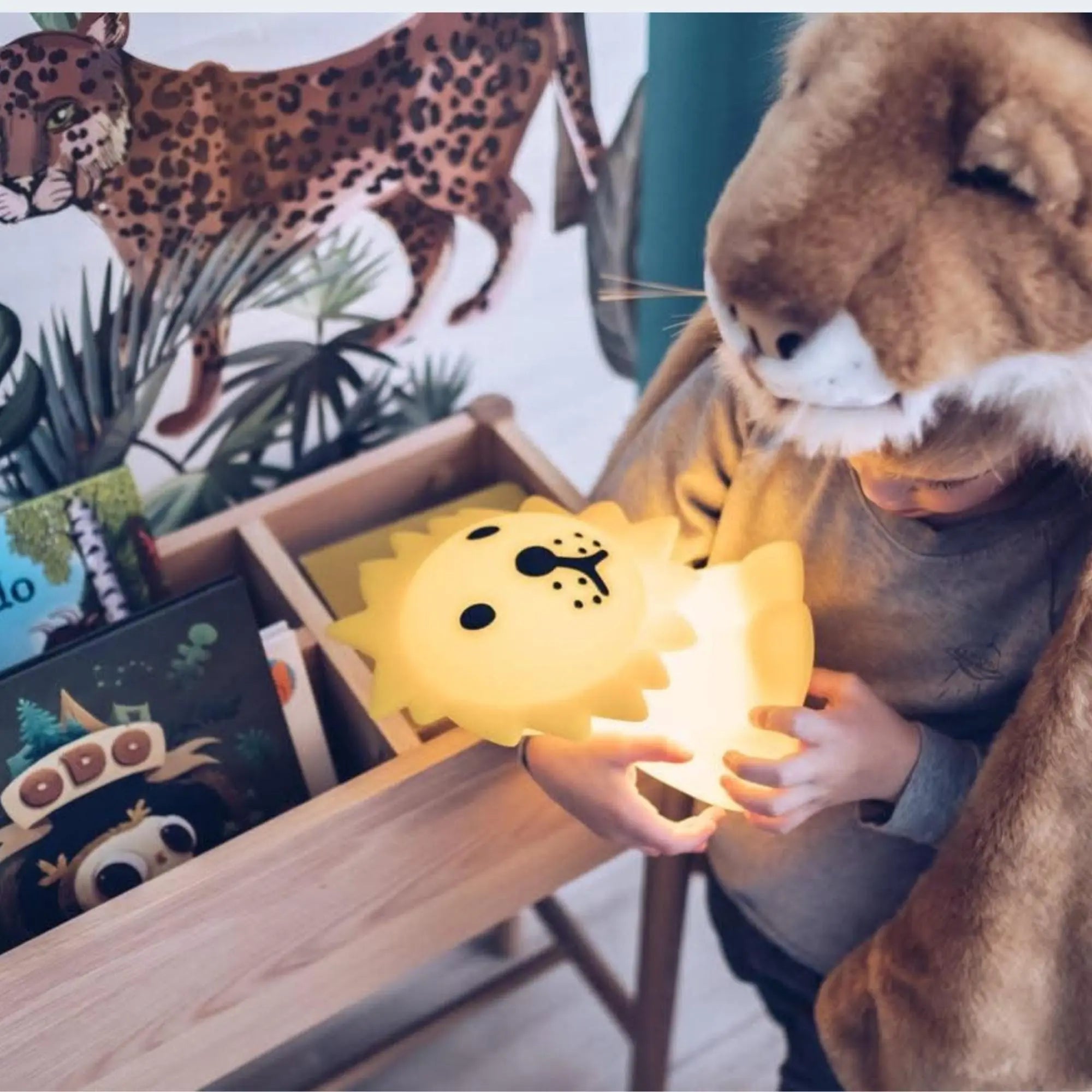 Lion First Light styled on nursery shelf — Mr Maria wireless rechargeable lamp