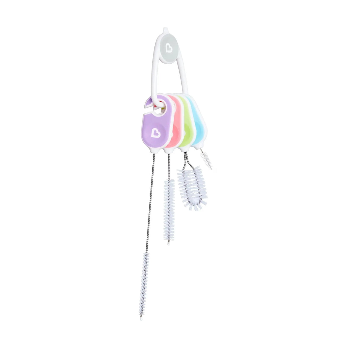 Munchkin Details Cleaning Brush Set 4 pack with straw, spout, lid and detail brushes on a storage clip