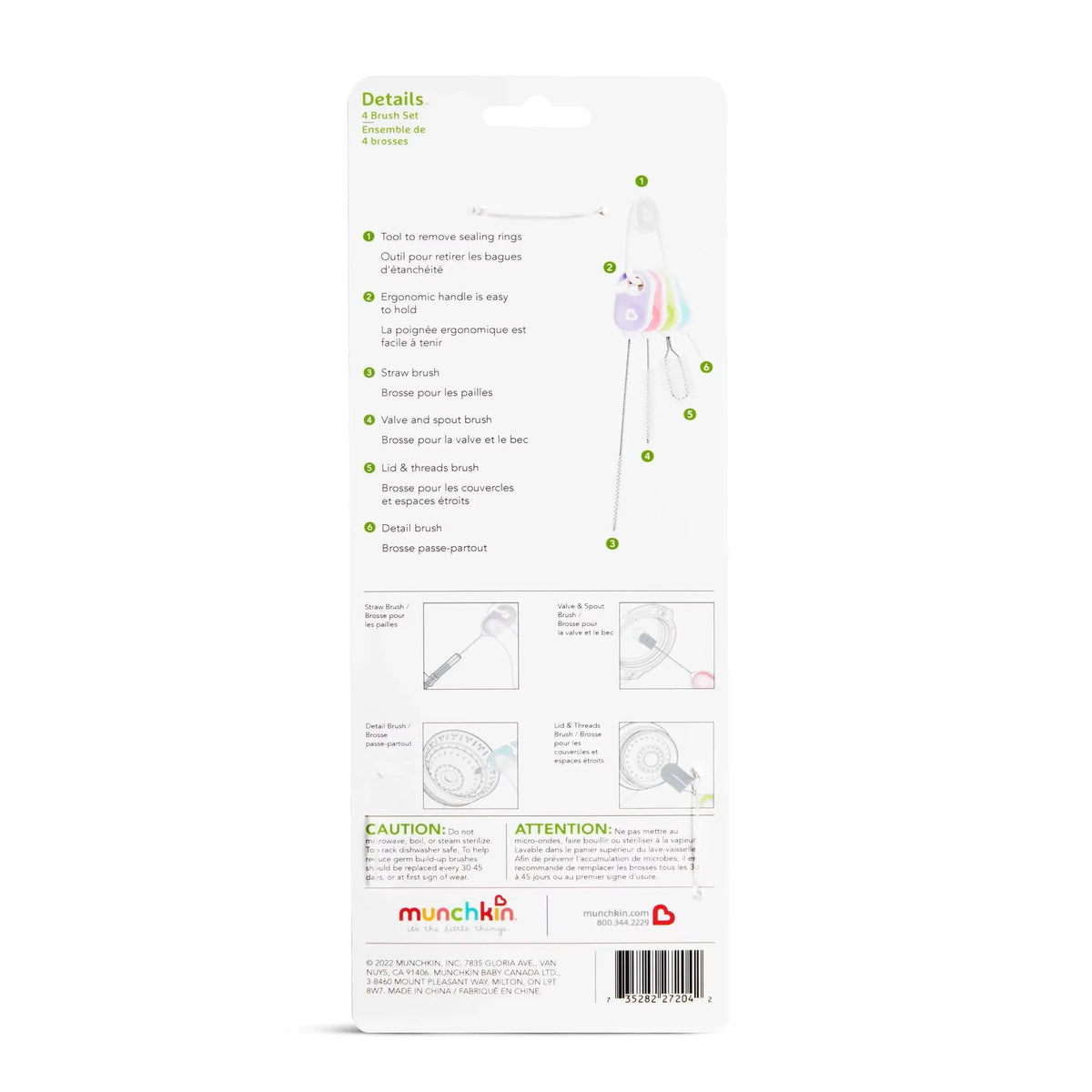 Munchkin Details Cleaning Brush Set packaging showing the four included brushes