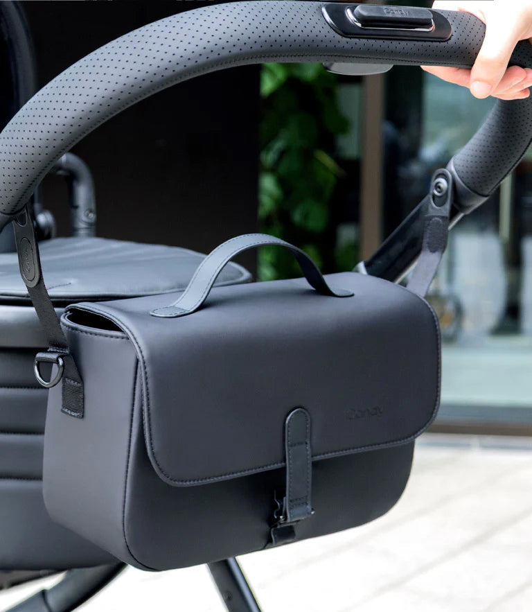 iCandy Organiser Bag in Charcoal in everyday use on an iCandy pram