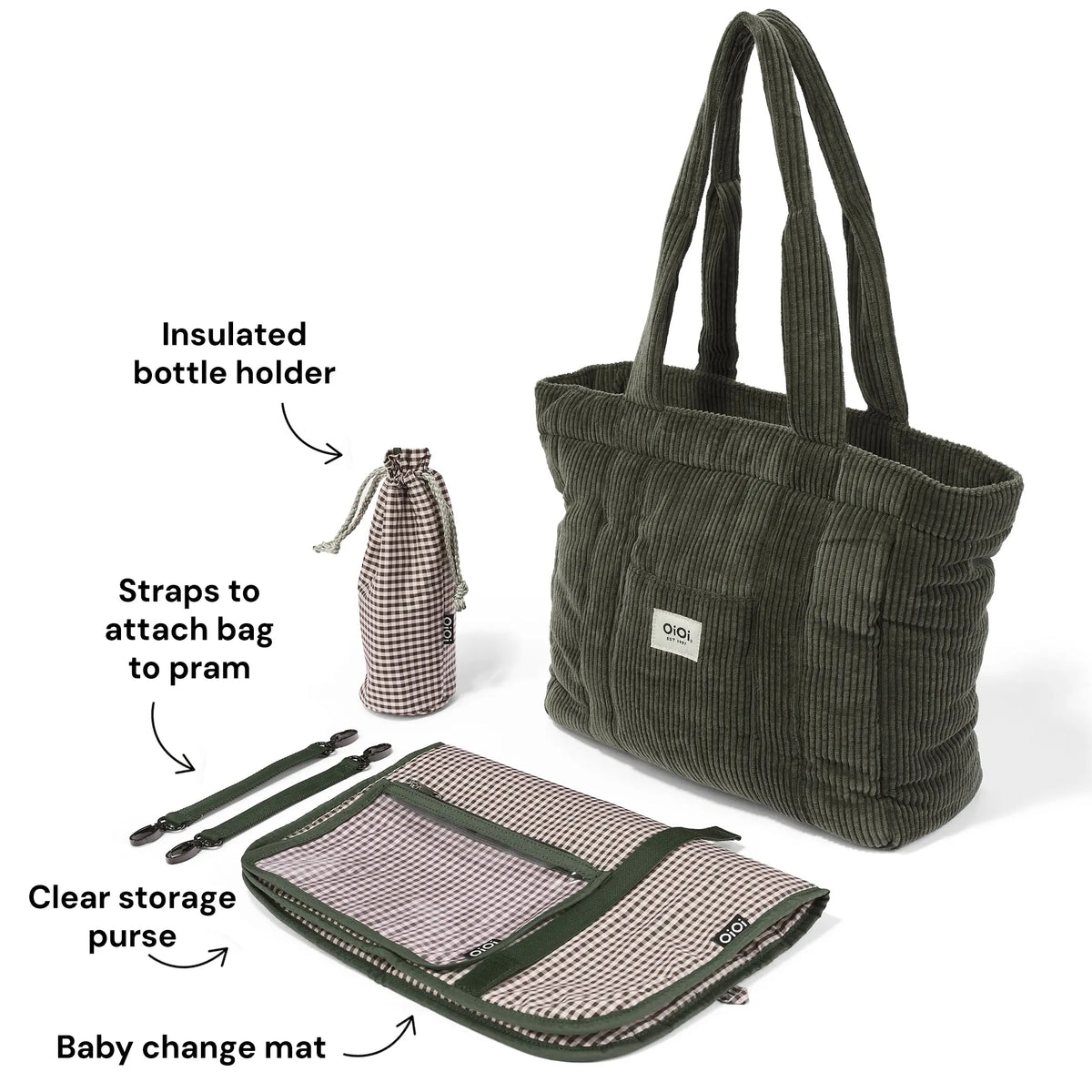 OiOi Everyday Tote included accessories shown in Moss Green corduroy