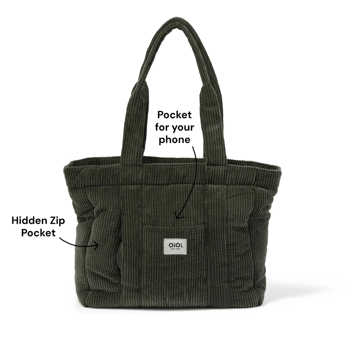 OiOi Everyday Tote internal pockets and insulated bottle holders (shown in Moss Green)
