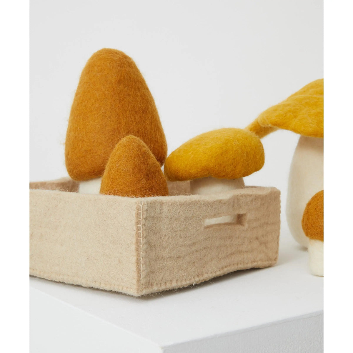 Close-up of the handmade felt wool mushrooms in the Phile crate