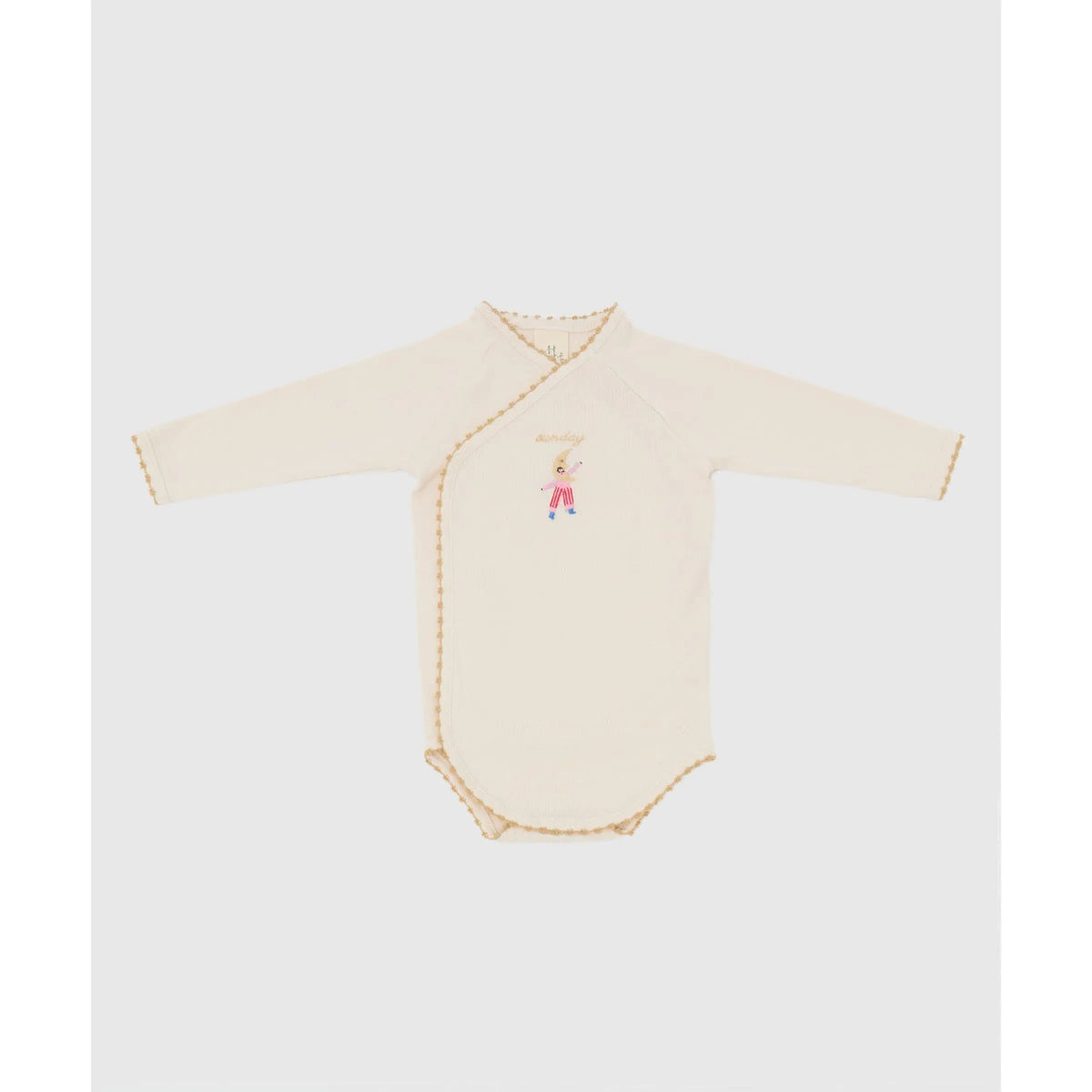 Phile Welcome to the Circus organic cotton bodysuit on a baby, long sleeve detail