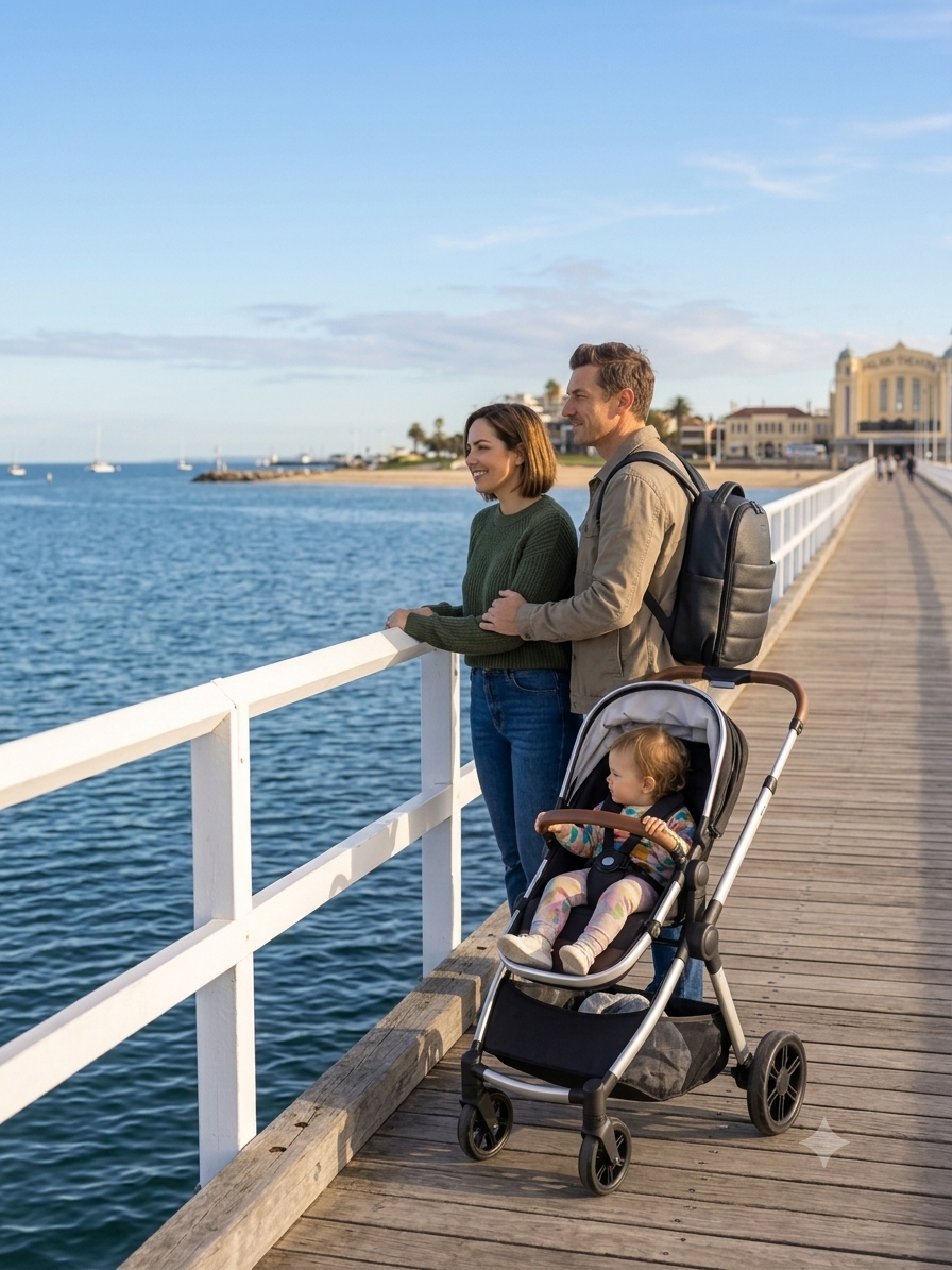 Parent on St Kilda pier with the Coco Mae Sienna in Black and a pram