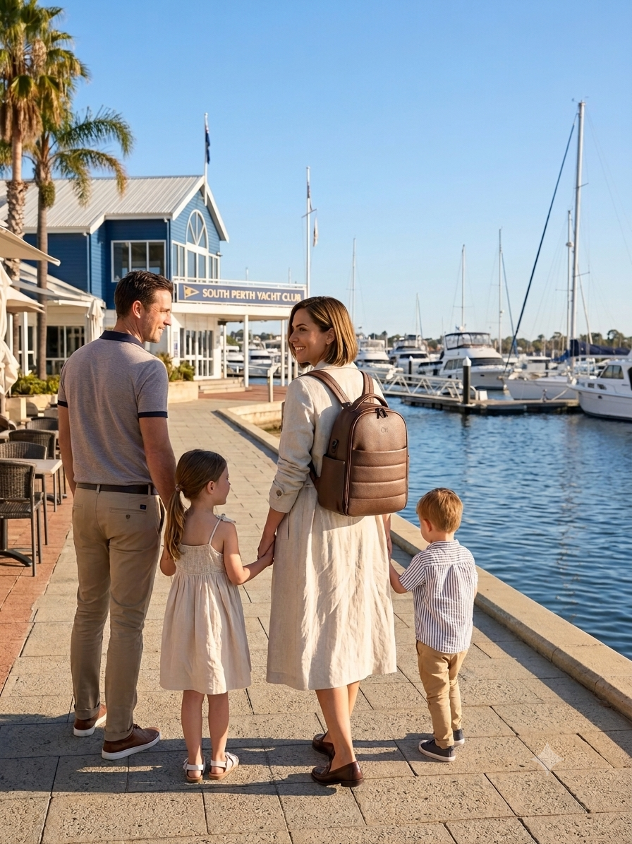 Family by the marina with the Coco Mae Sienna nappy backpack
