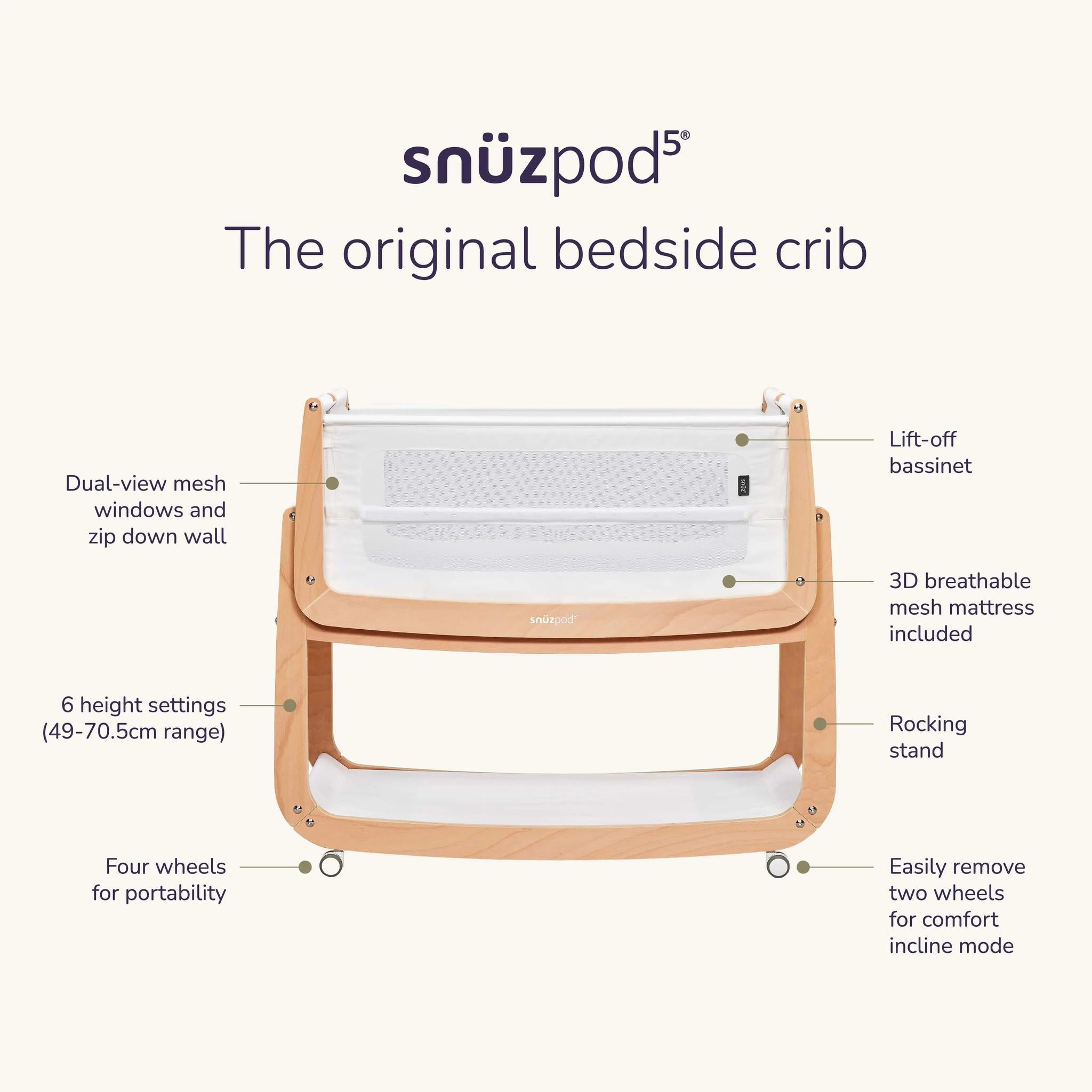 SnuzPod5 Bedside Bassinet - Natural