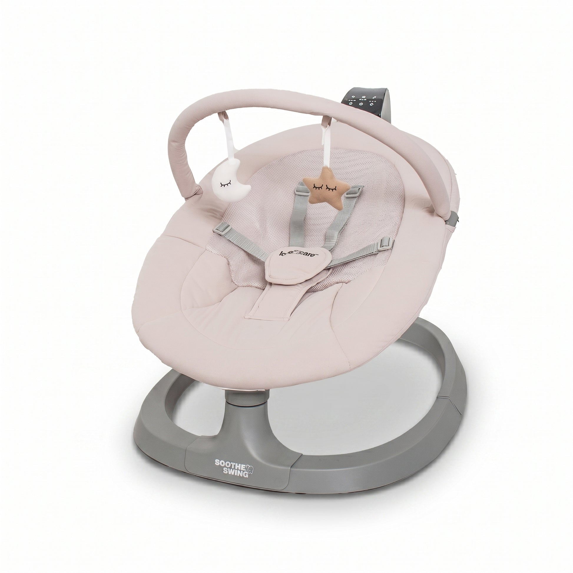 Love N Care Soothe N Swing electric baby swing with dual-arm frame and mesh seat