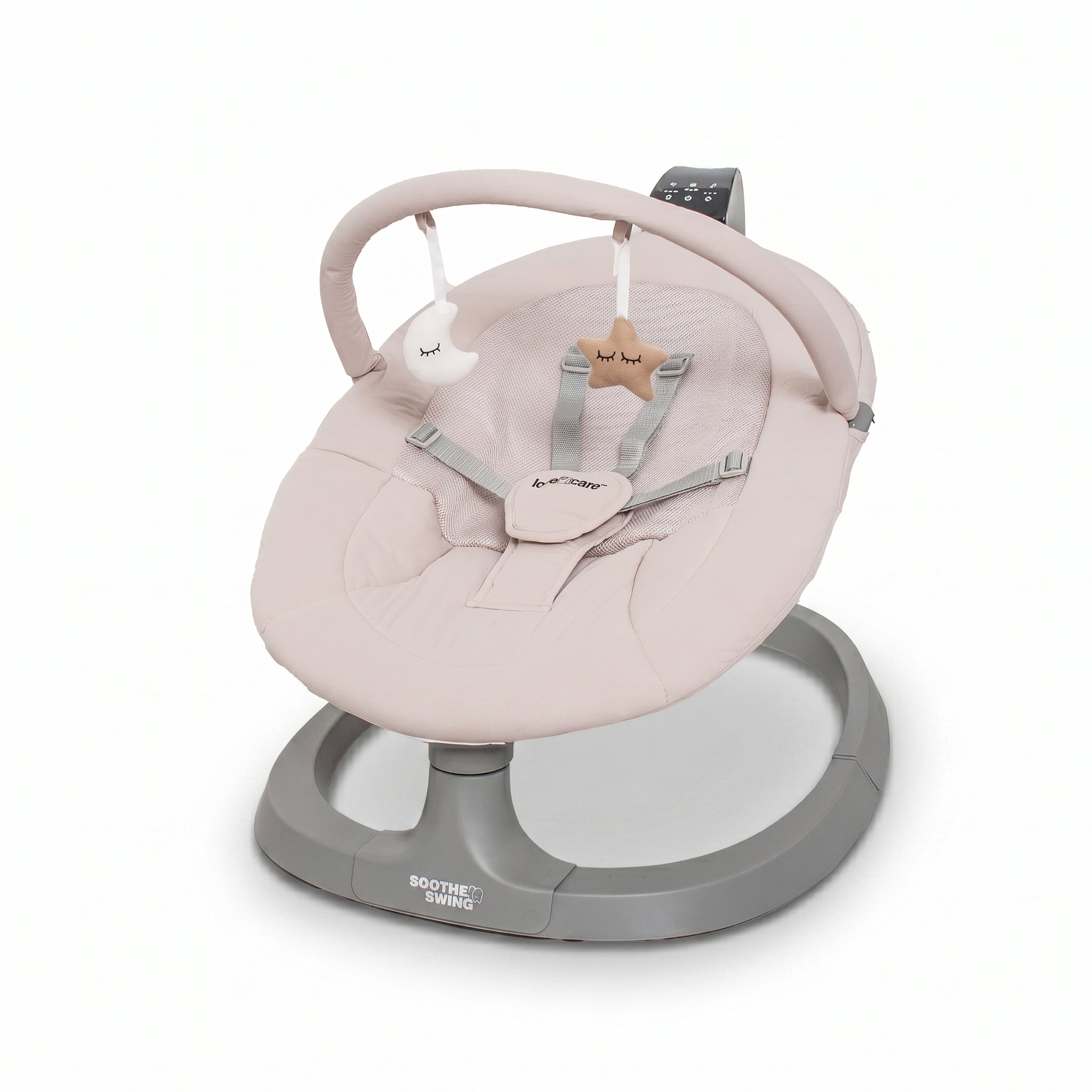 Love N Care Soothe N Swing electric baby swing with dual-arm frame and mesh seat