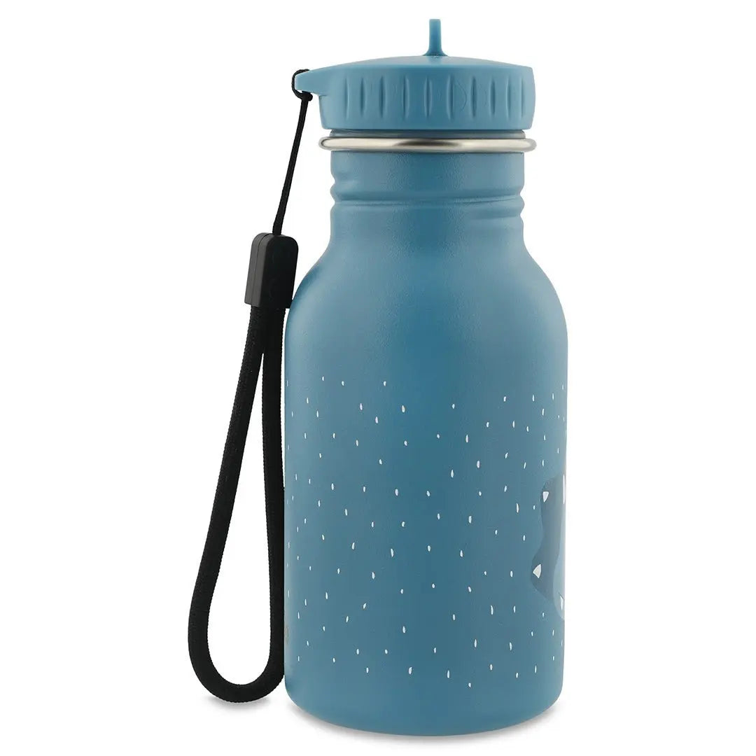 Side view of Trixie Mr. Triceratops stainless steel drink bottle showing slim profile