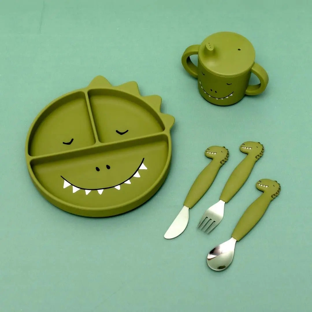 Trixie Mr. Dino sippy cup side view – easy-grip handles for little hands