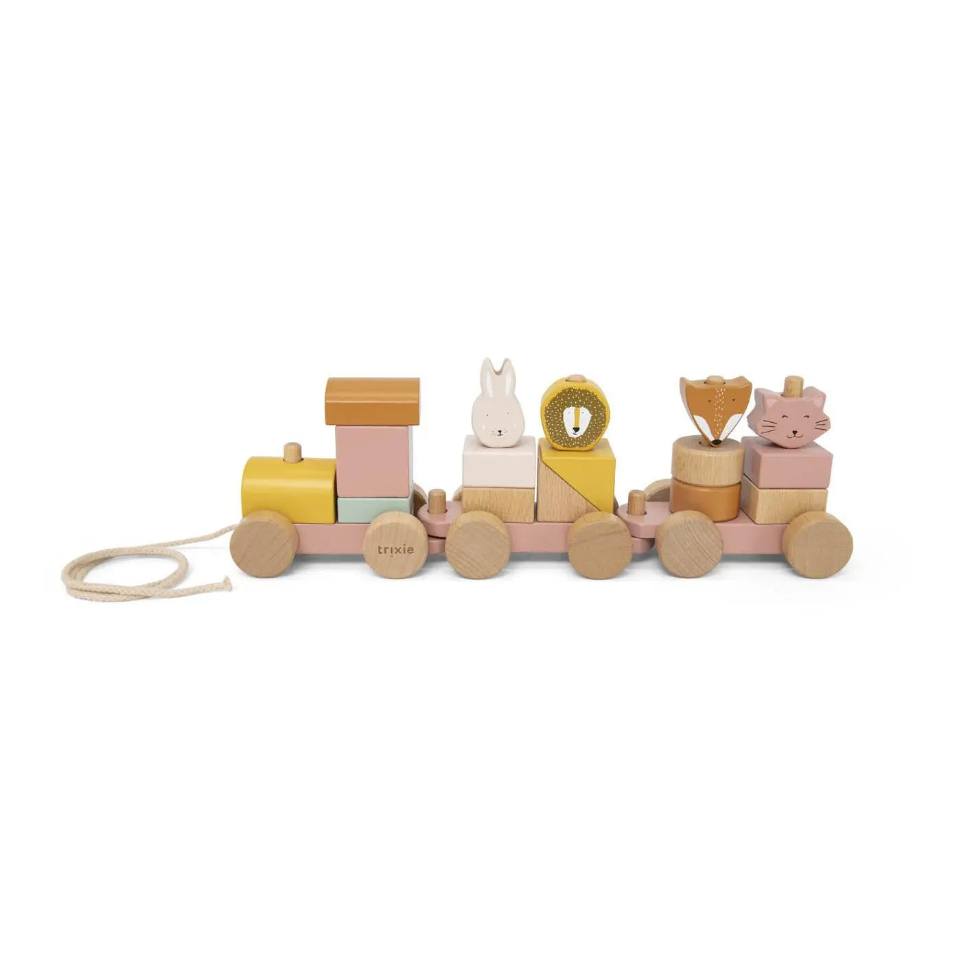 Trixie Wooden Animal Train Mrs. Cat – pink cat pull-along train with coloured block wagons