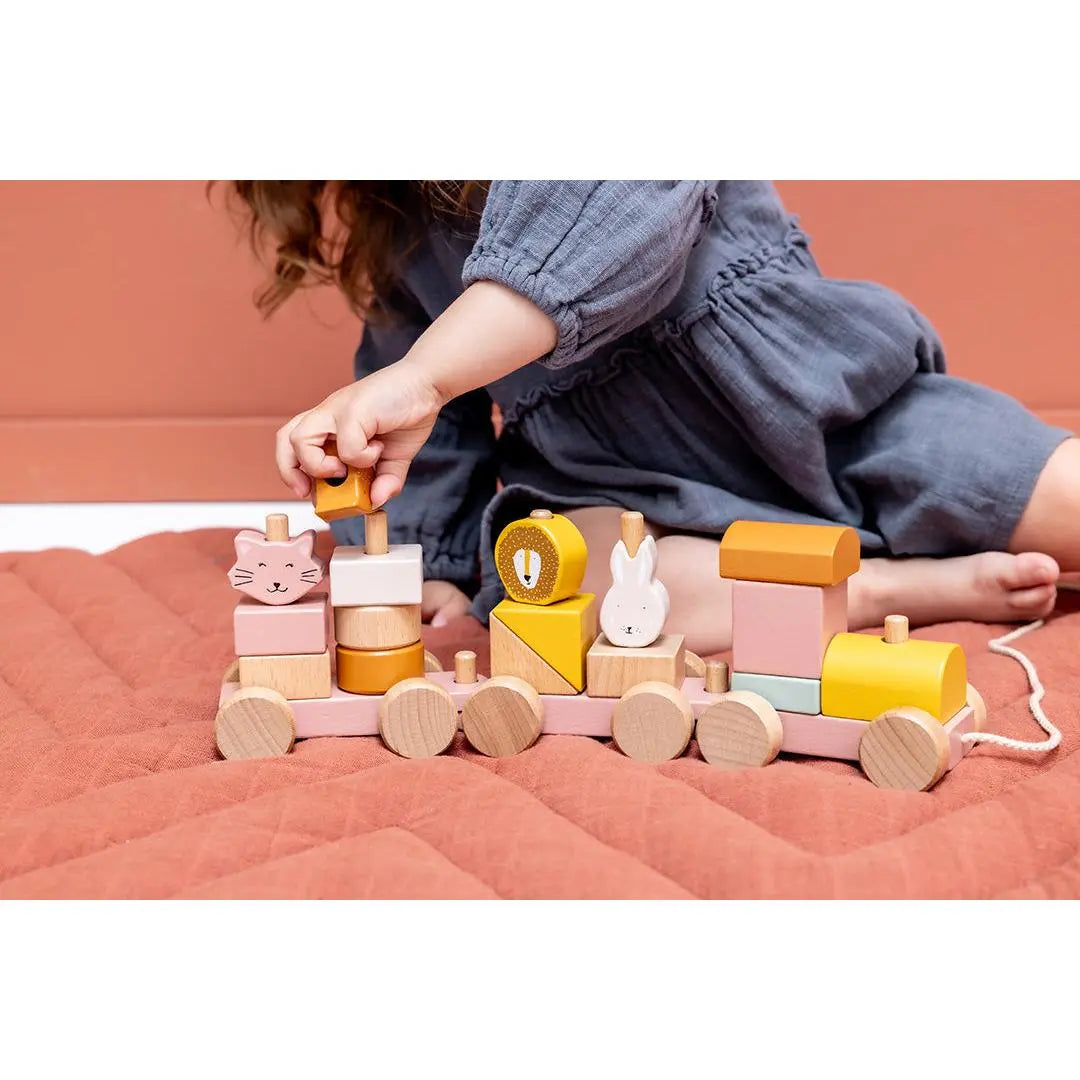 Toddler pulling Trixie Mrs. Cat wooden animal train by cotton string – 18 months+ toy