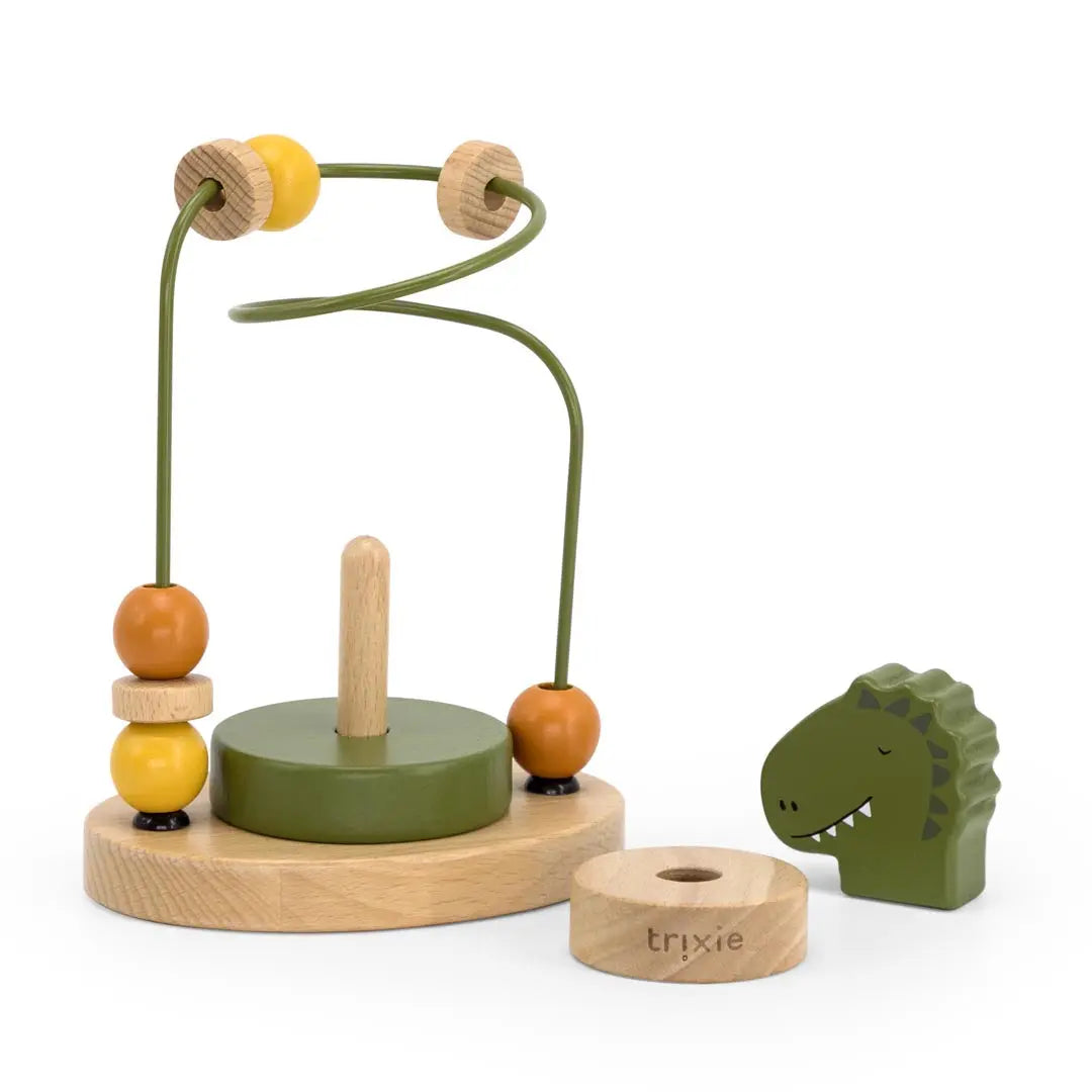 Side view of Trixie Mr. Dino wooden beads maze – compact toddler fine motor toy