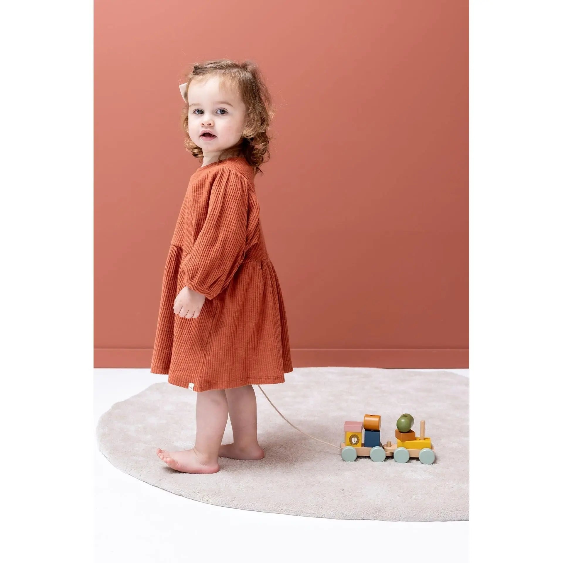 Child pulling Trixie Wooden Mini Animal Train – first walking and creative play toy