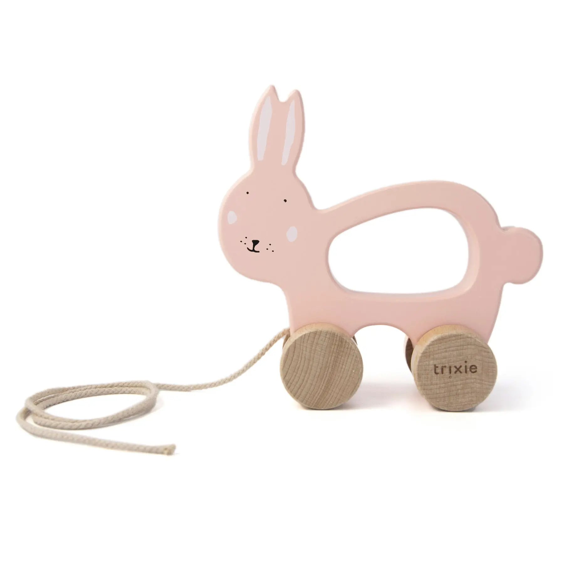 Trixie Mrs. Rabbit wooden pull-along toy – pink rabbit character with cotton string