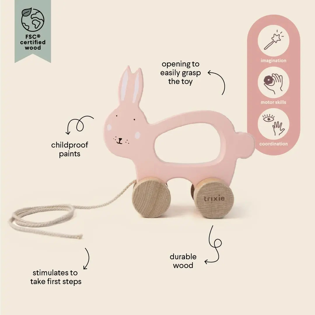 Side view of Trixie Mrs. Rabbit pull along toy – FSC beech wood, 14×15×6cm