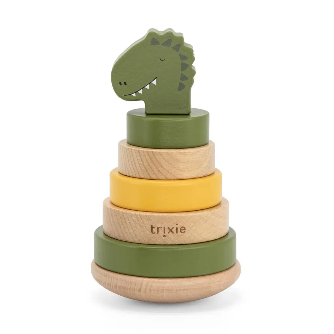 Trixie Mr. Dino wooden stacking toy – green dinosaur ring stacker, full view