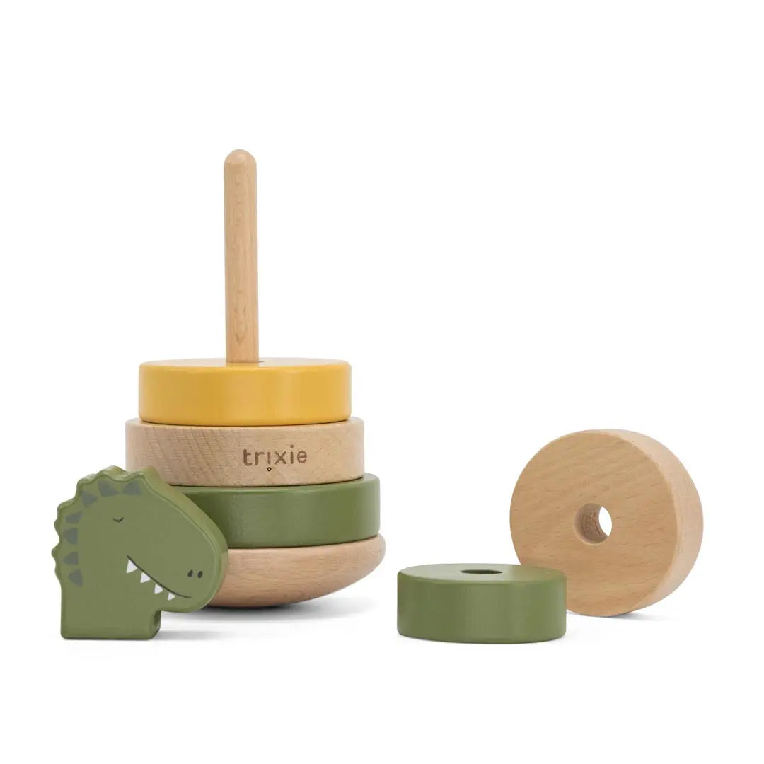 Side view of Trixie Mr. Dino wooden ring stacker showing curved wobble base