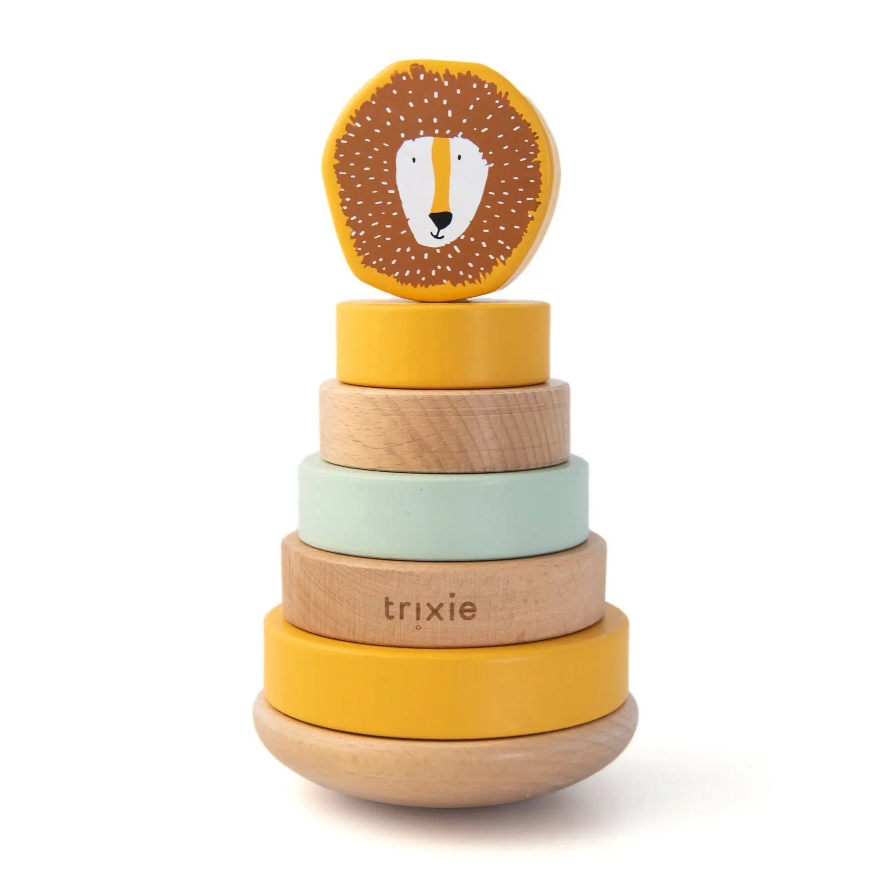 Trixie Mr. Lion wooden stacking toy – yellow lion character on wobble base ring stacker