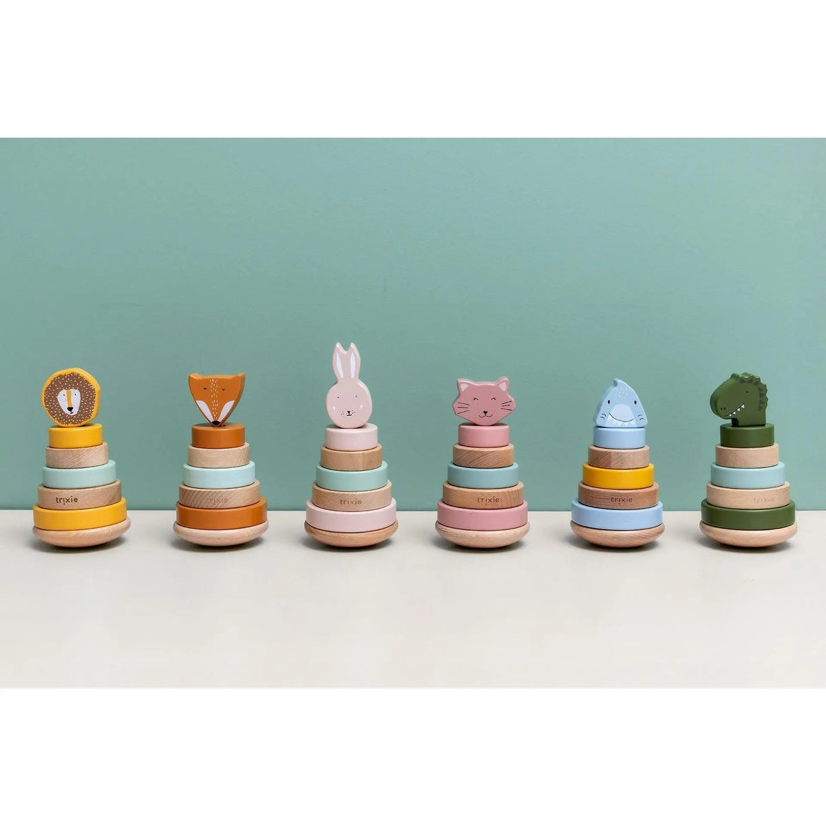Trixie Mrs. Cat stacking toy with rings stacked – fine motor development toy for toddlers