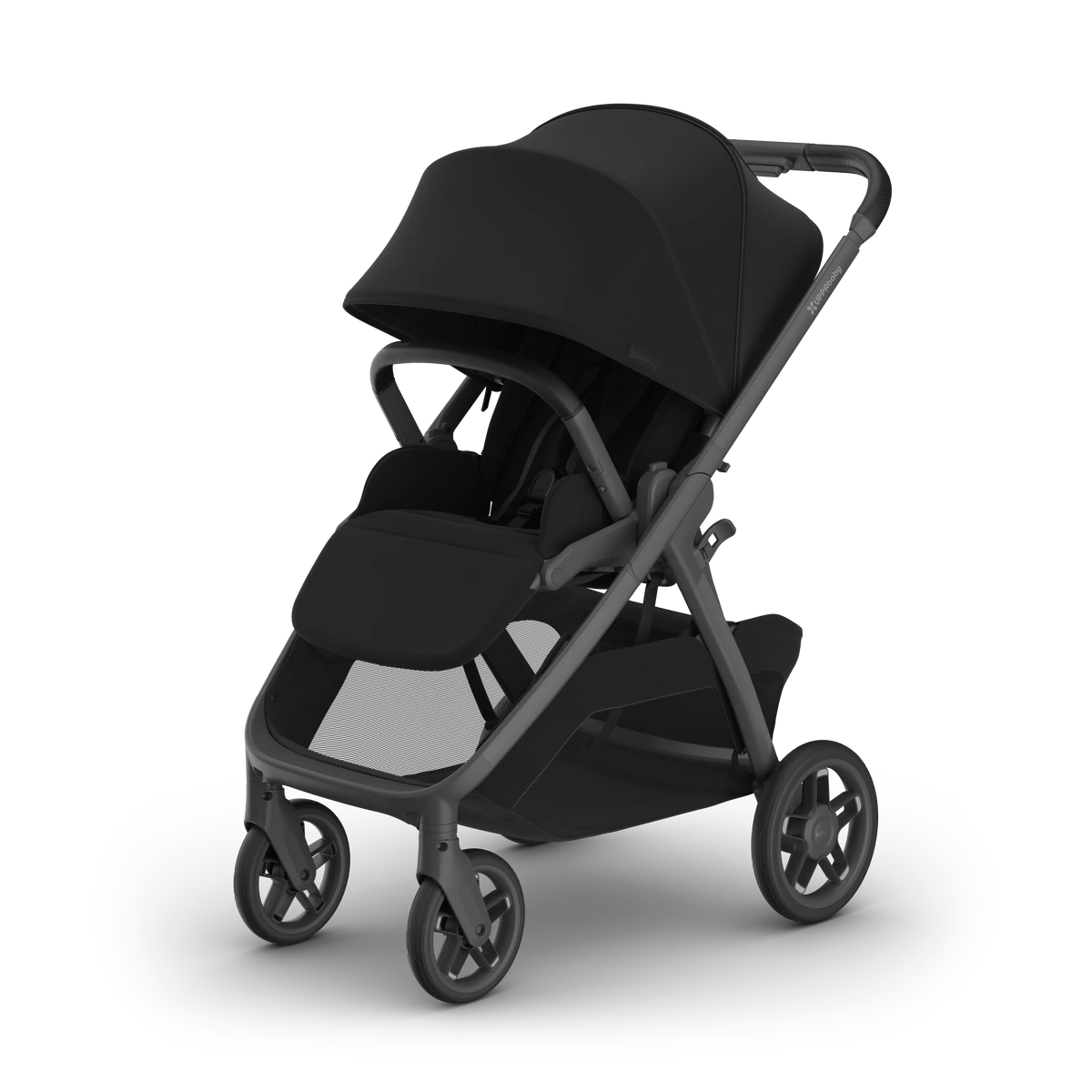 UPPAbaby Kona pram in James (Black), three-quarter view with the sunshade extended