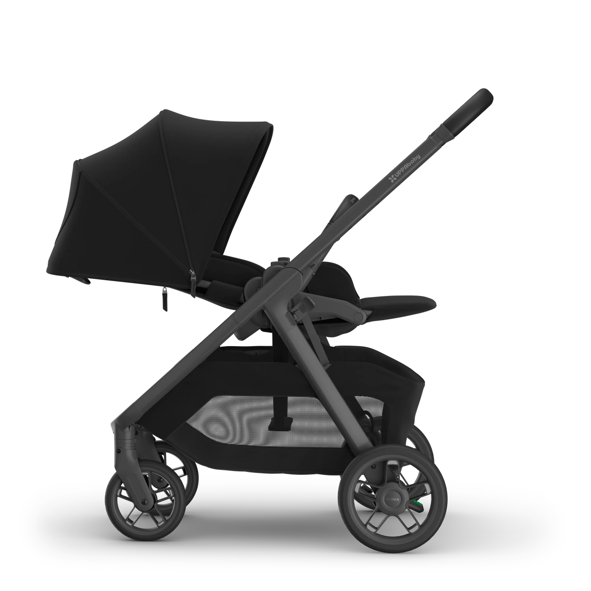 UPPAbaby Kona seat reversed and reclined flat with the sunshade extended