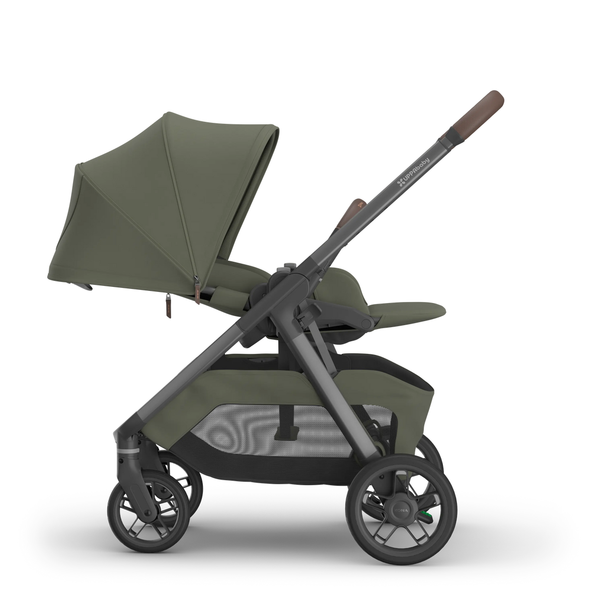 UPPAbaby Kona Evelyn with the seat reversed and reclined flat