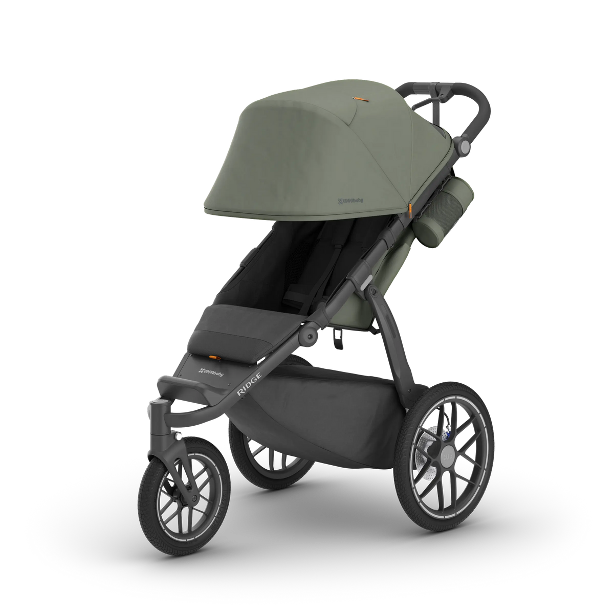 UPPAbaby Ridge V2 all-terrain jogger pram in Evelyn (Meadow Green), three-quarter view with the canopy extended
